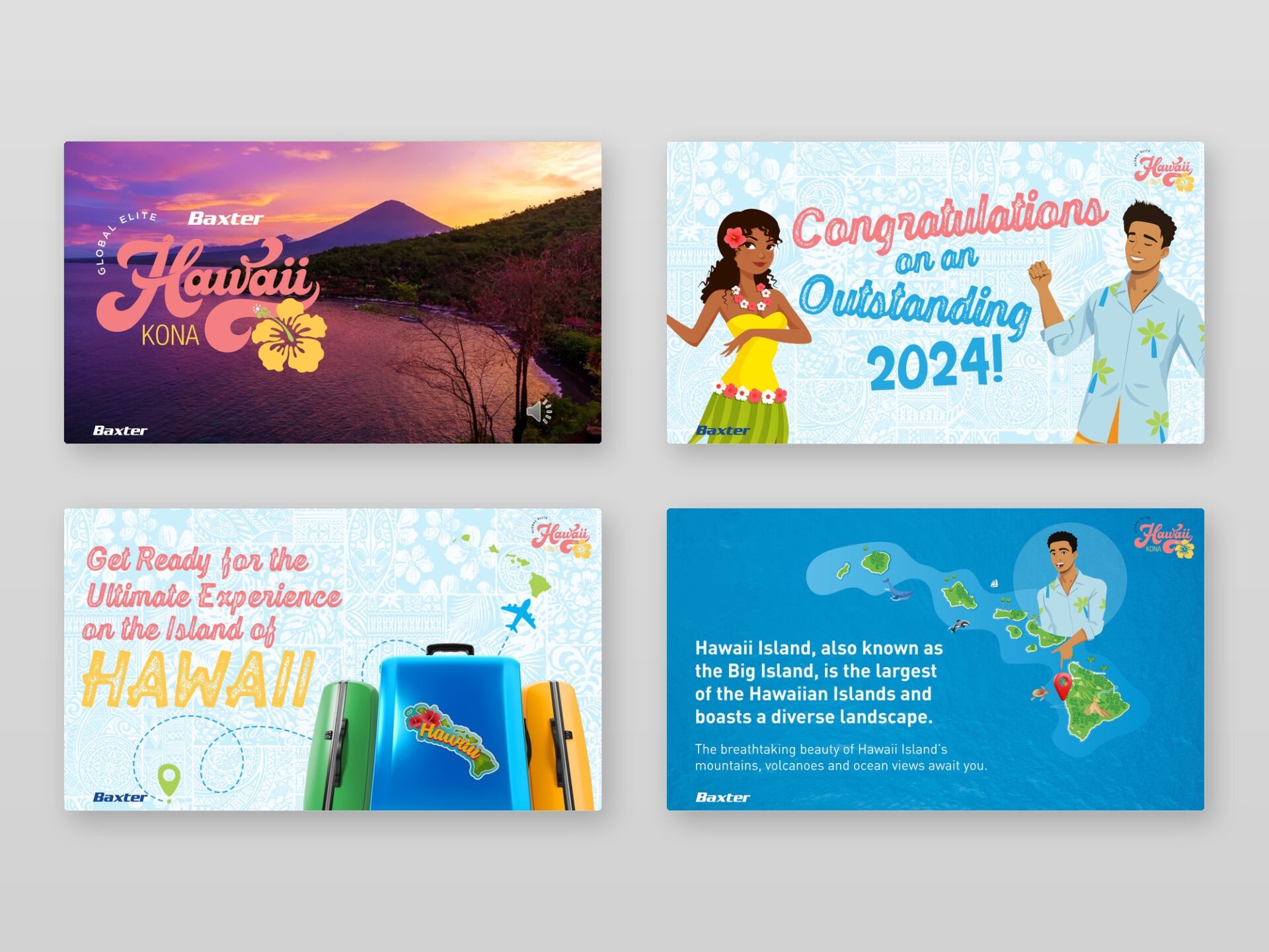 Baxter Deck 1 – Animated On-Brand Slides Four slides from the first Baxter deck – illustrated, on-brand pages that animate on a timed sequence