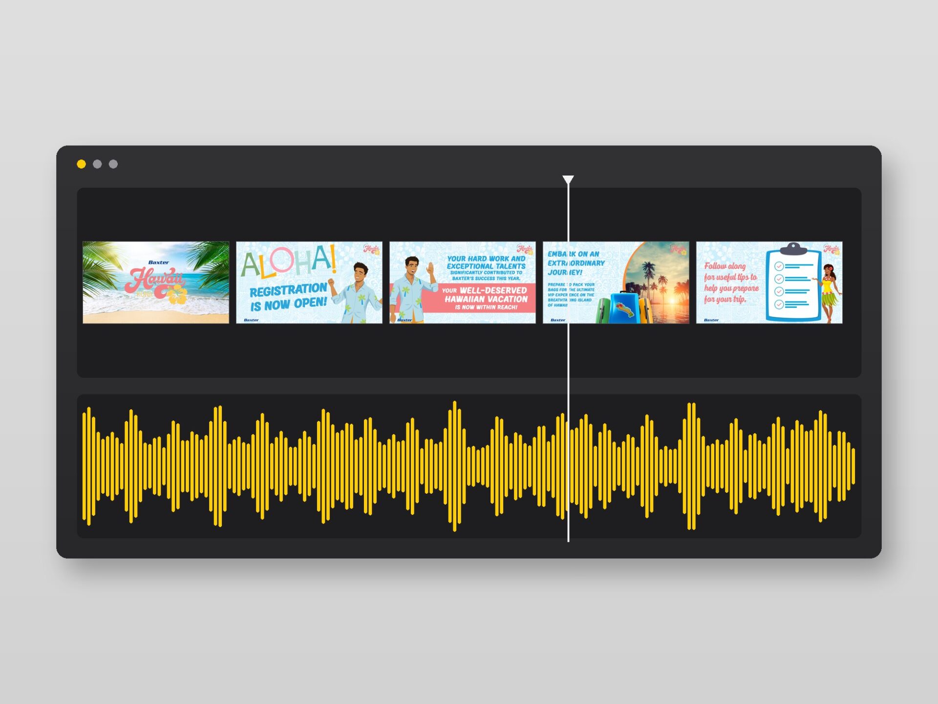 Baxter Deck – Animation and Audio Sync Timeline Editing timeline – slide filmstrip over an audio waveform, animation and voice-over synced