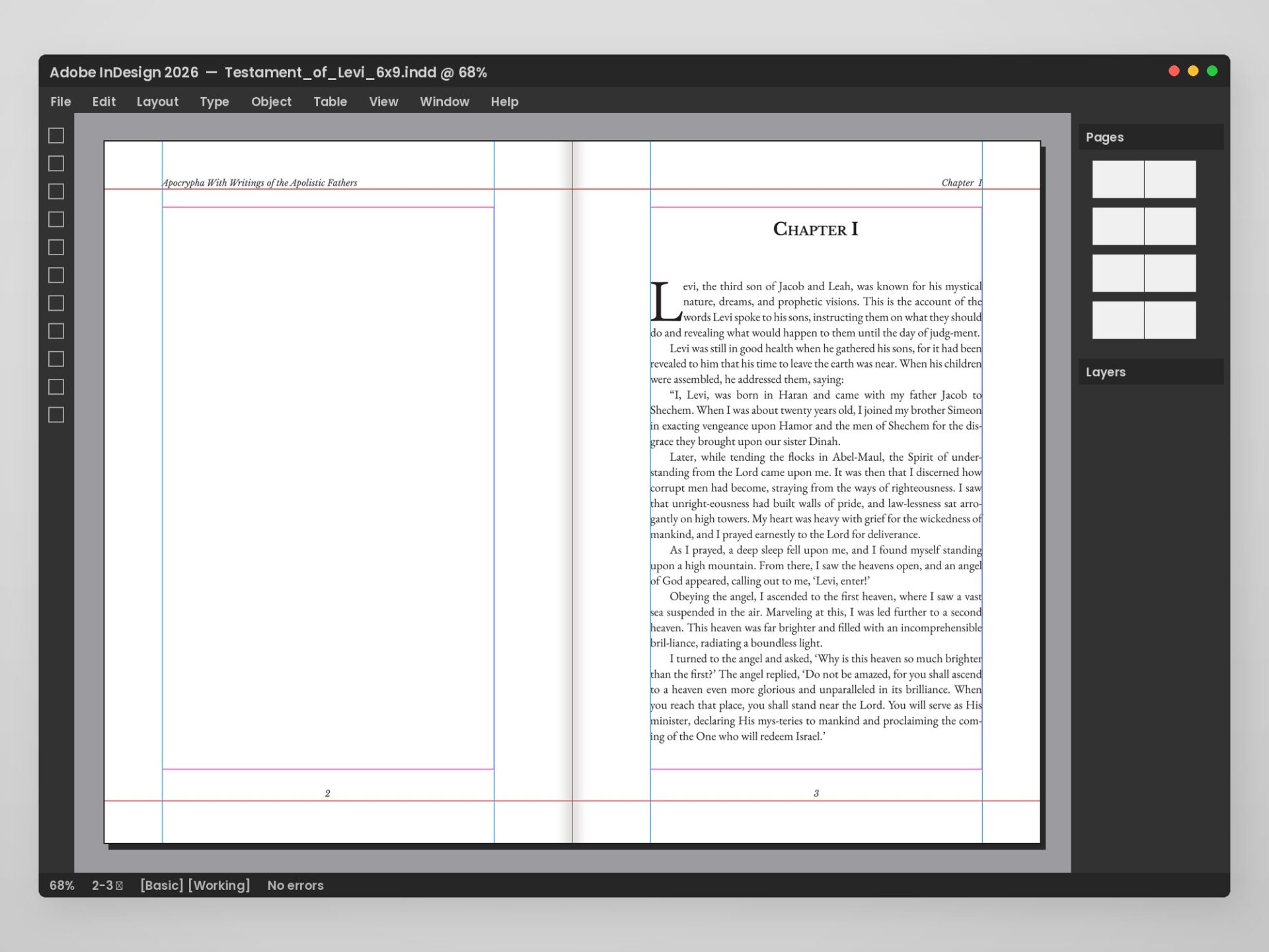 The book spread open in Adobe InDesign with margin guides, bleed, and the pages panel visible