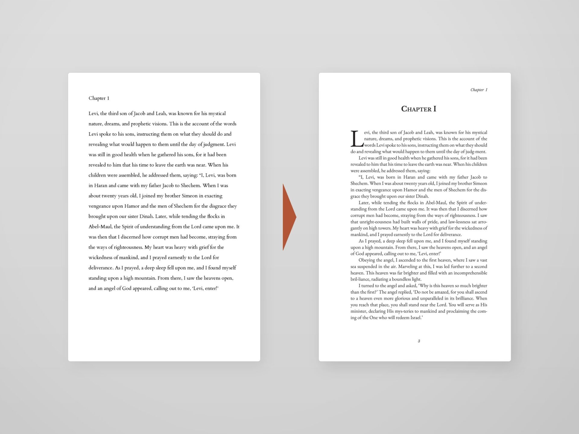 Plain manuscript page rebuilt into a typeset chapter opener with a drop cap and small-caps heading