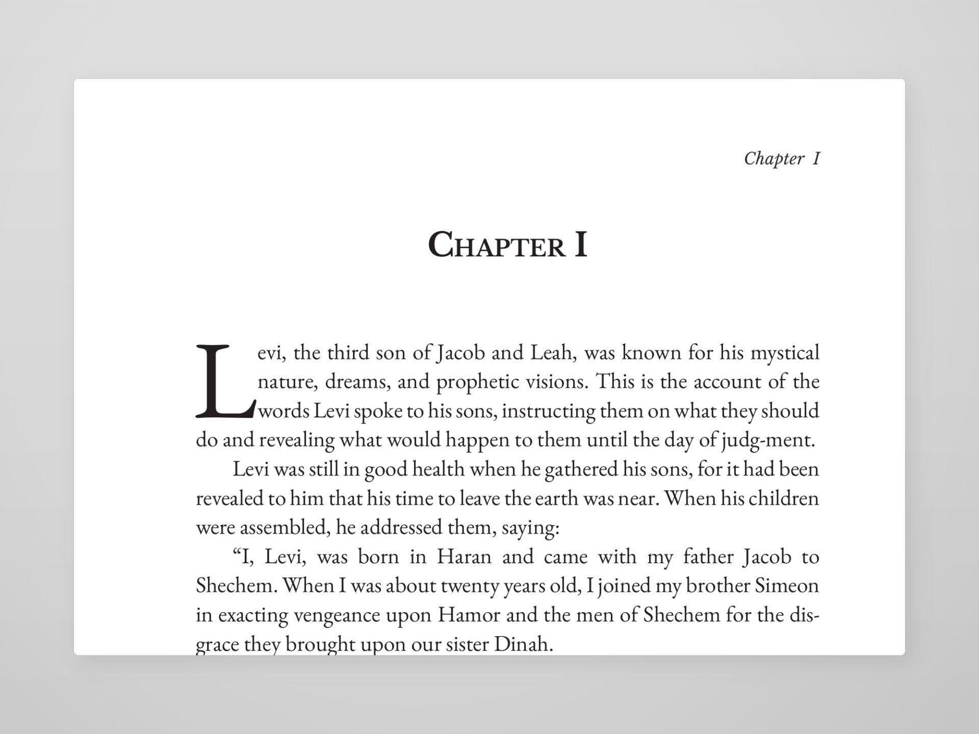 Chapter opener at 100% zoom – full top margin, running head, drop cap, and justified text