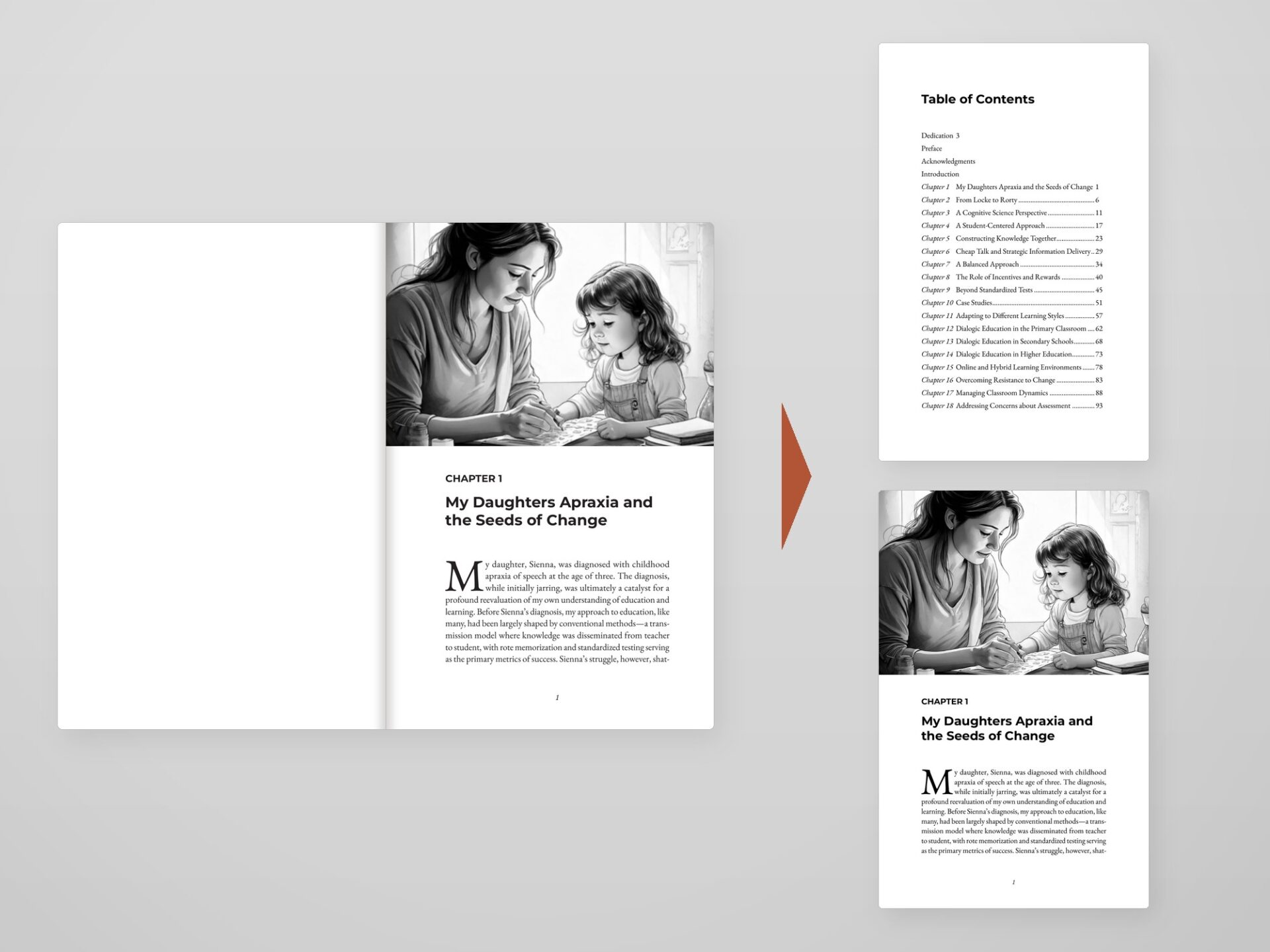 Print edition spread beside the screen edition: single pages, even margins, and a linked table of contents
