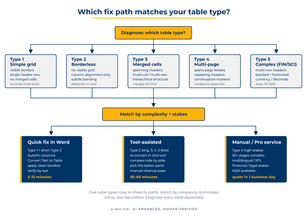 Decision tree mapping how to convert PDF with tables to Word by table type and document complexity