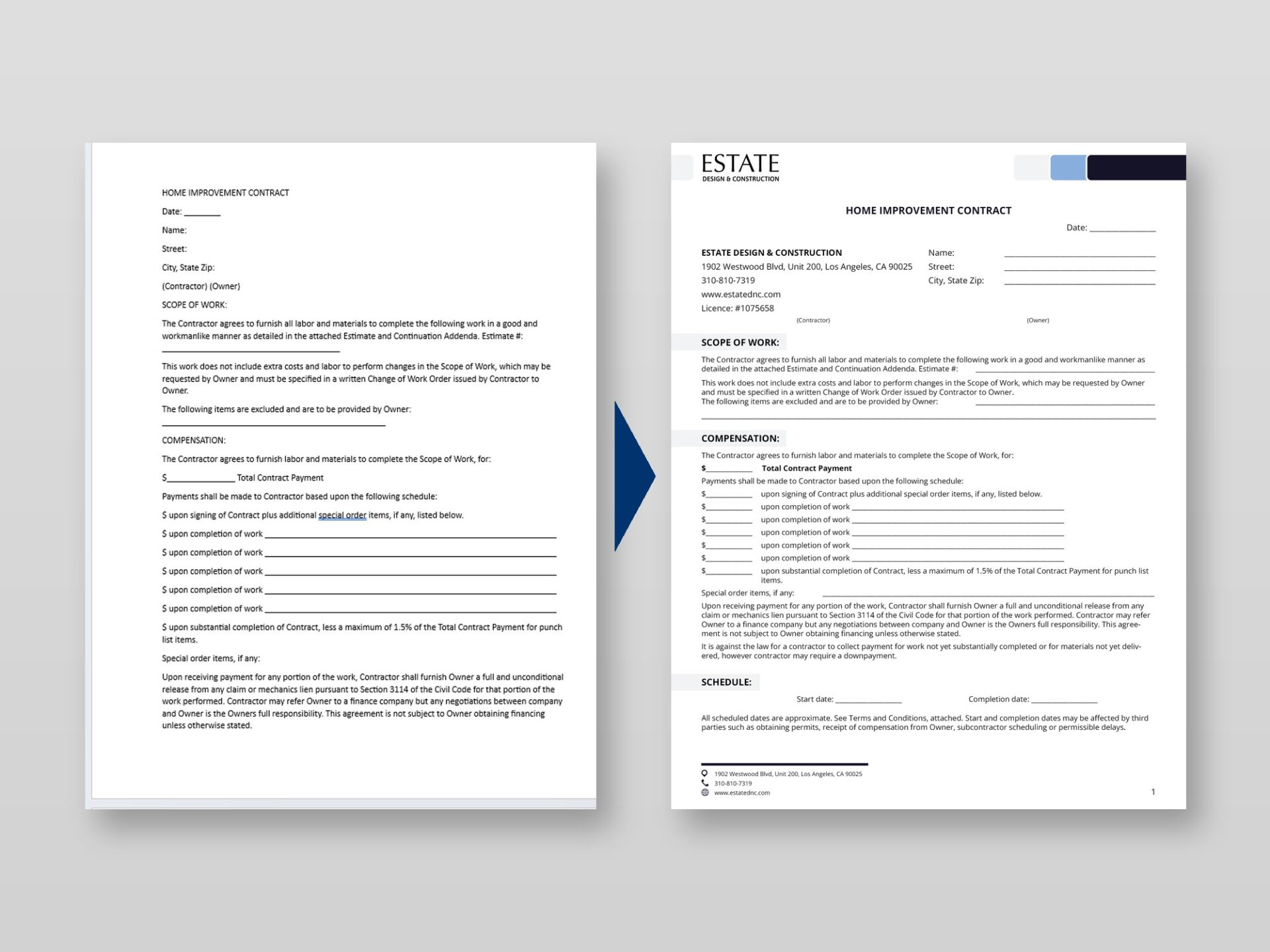 Before-and-after – plain Word text rebuilt into a structured, on-brand document