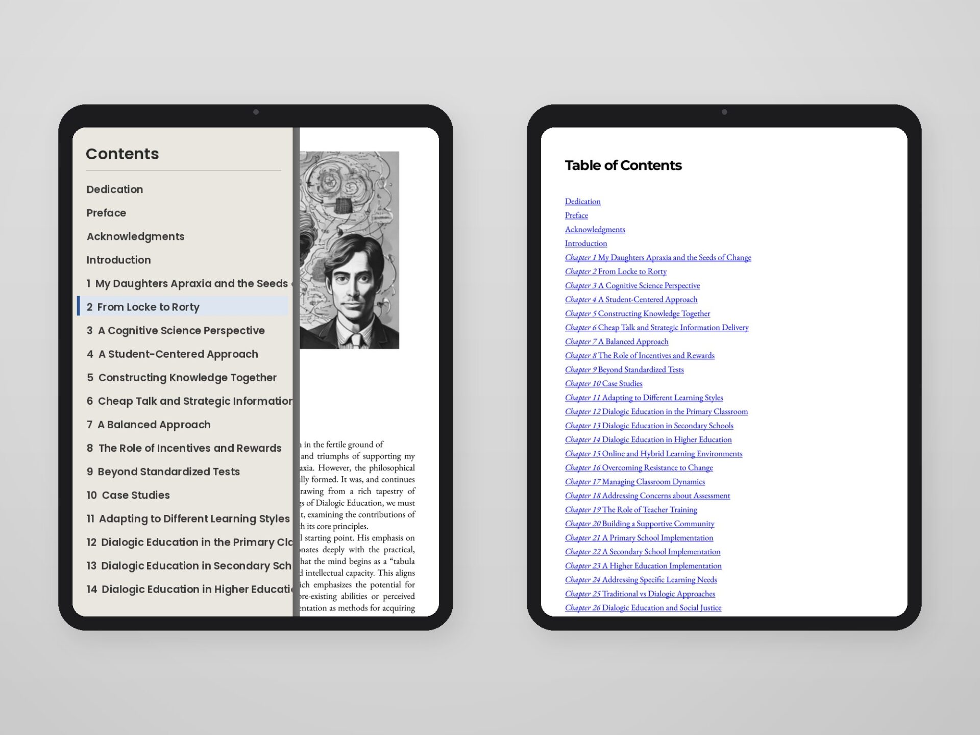 Two navigation layers of the same ebook: the reader's built-in contents drawer and the linked TOC page