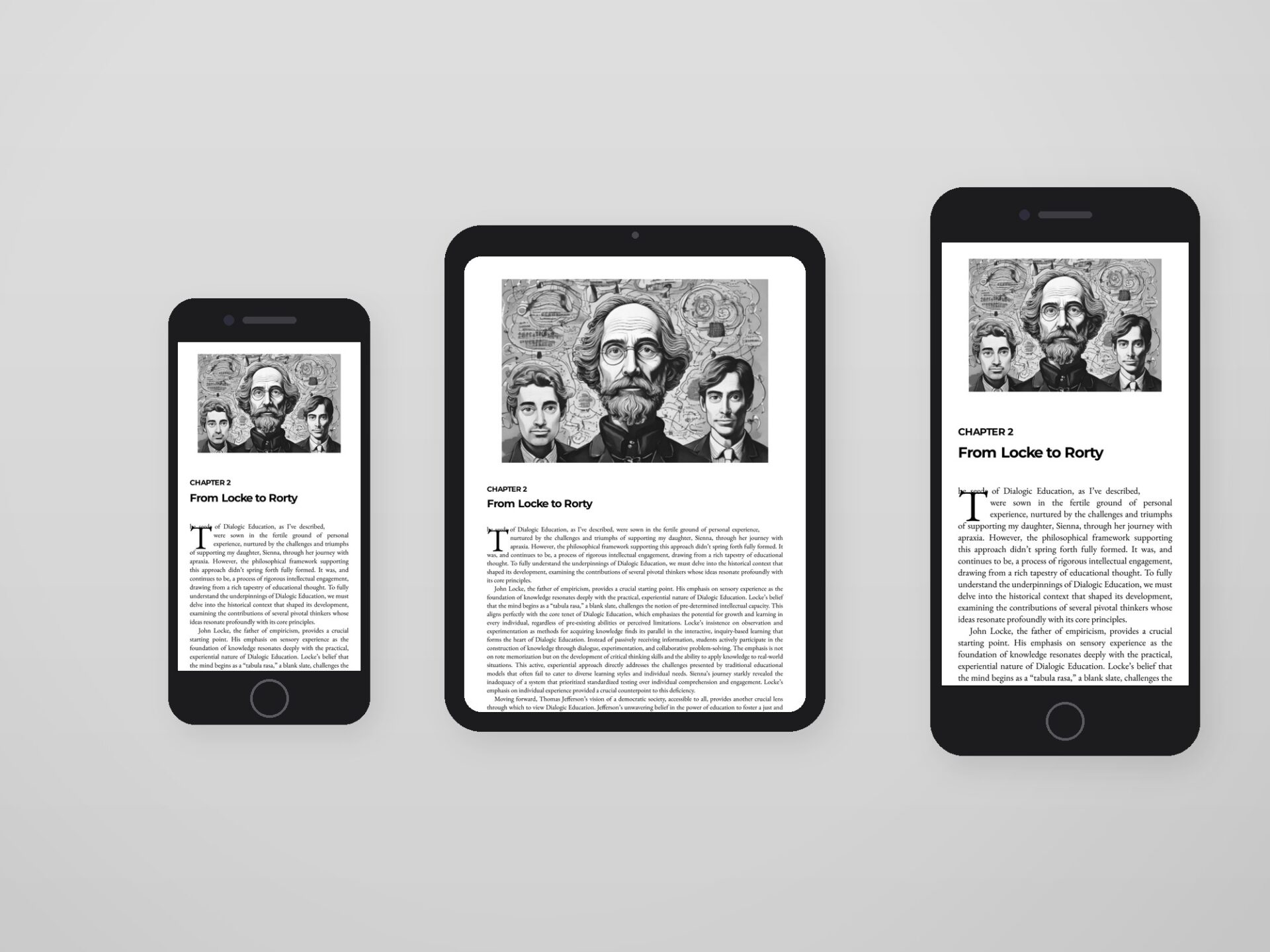 The same EPUB3 chapter reflows across a phone, a tablet, and a large-screen device