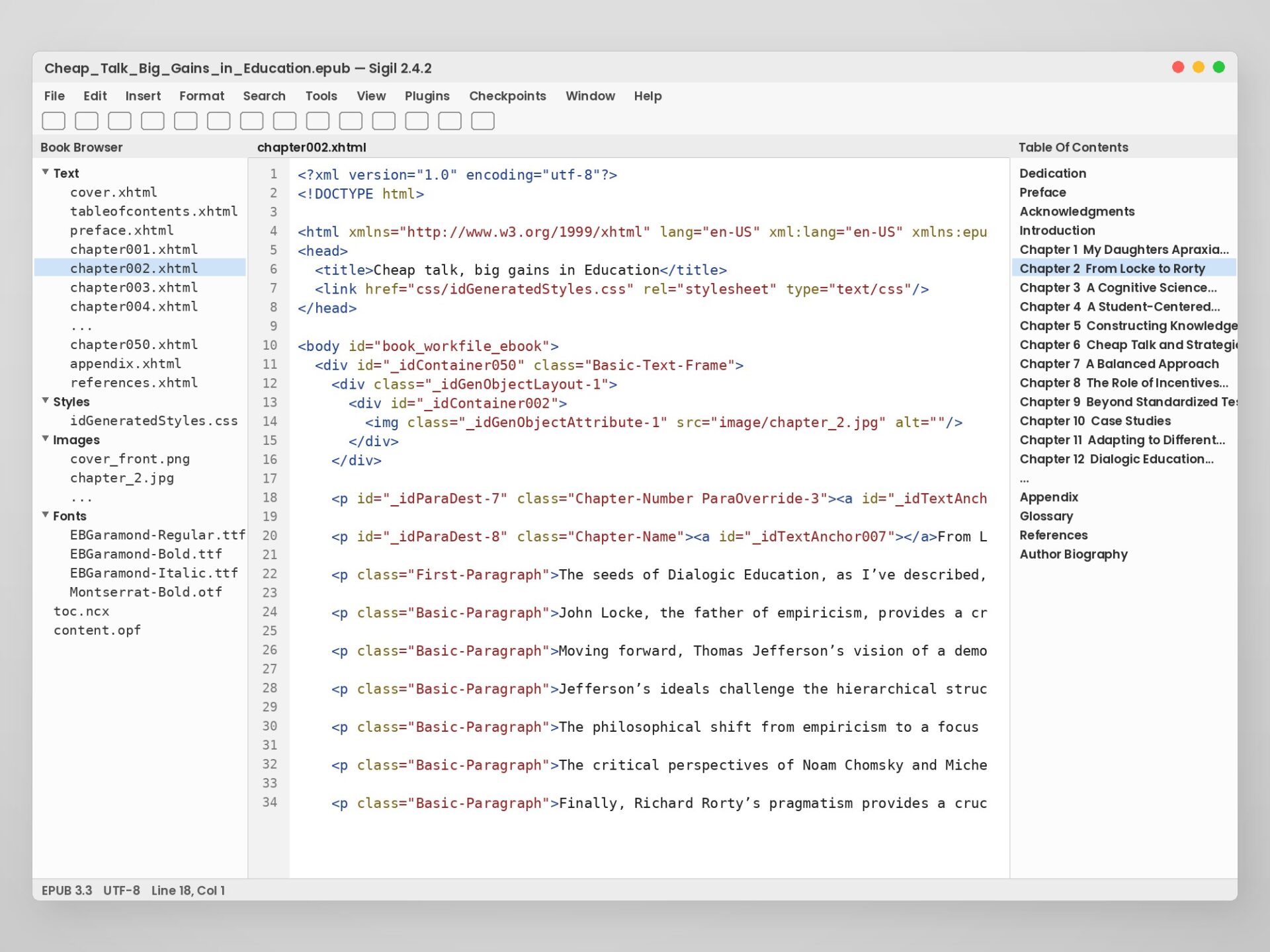 The EPUB opened in Sigil – file structure, hand-edited XHTML source, and chapter navigation