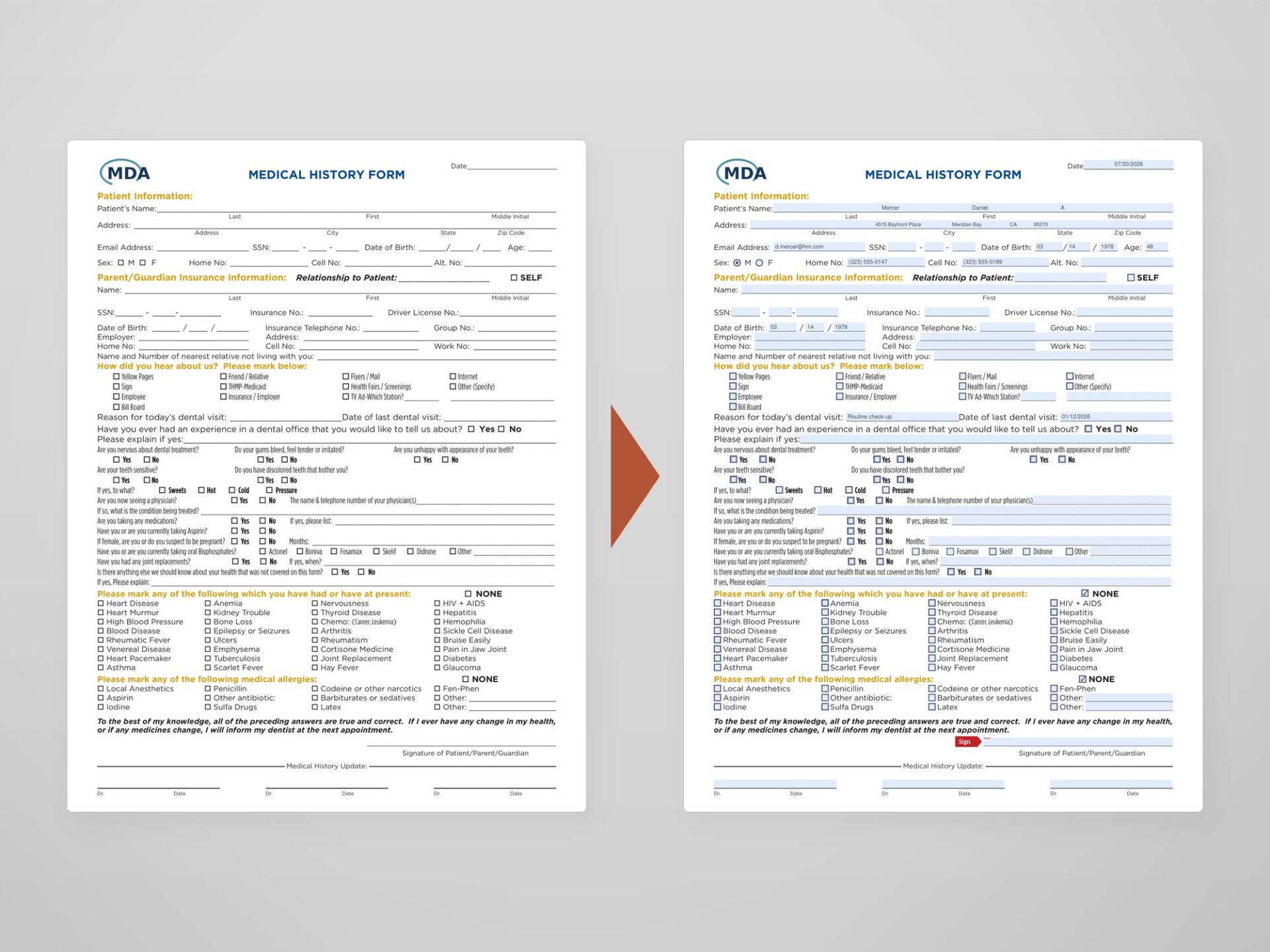 A flat printed medical form beside the same page as an interactive, highlighted fillable PDF