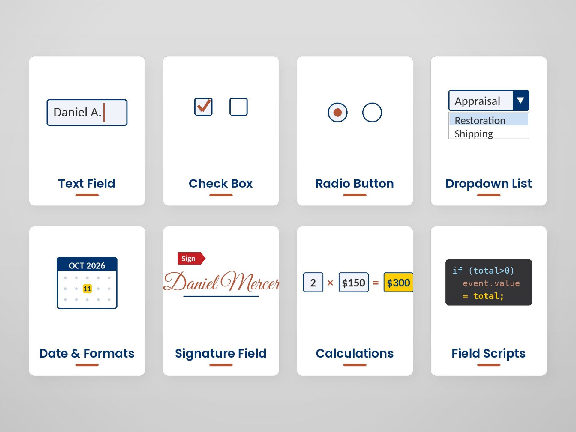 Eight PDF form elements – text, checkbox, radio, dropdown, date, signature, calculations, and scripts