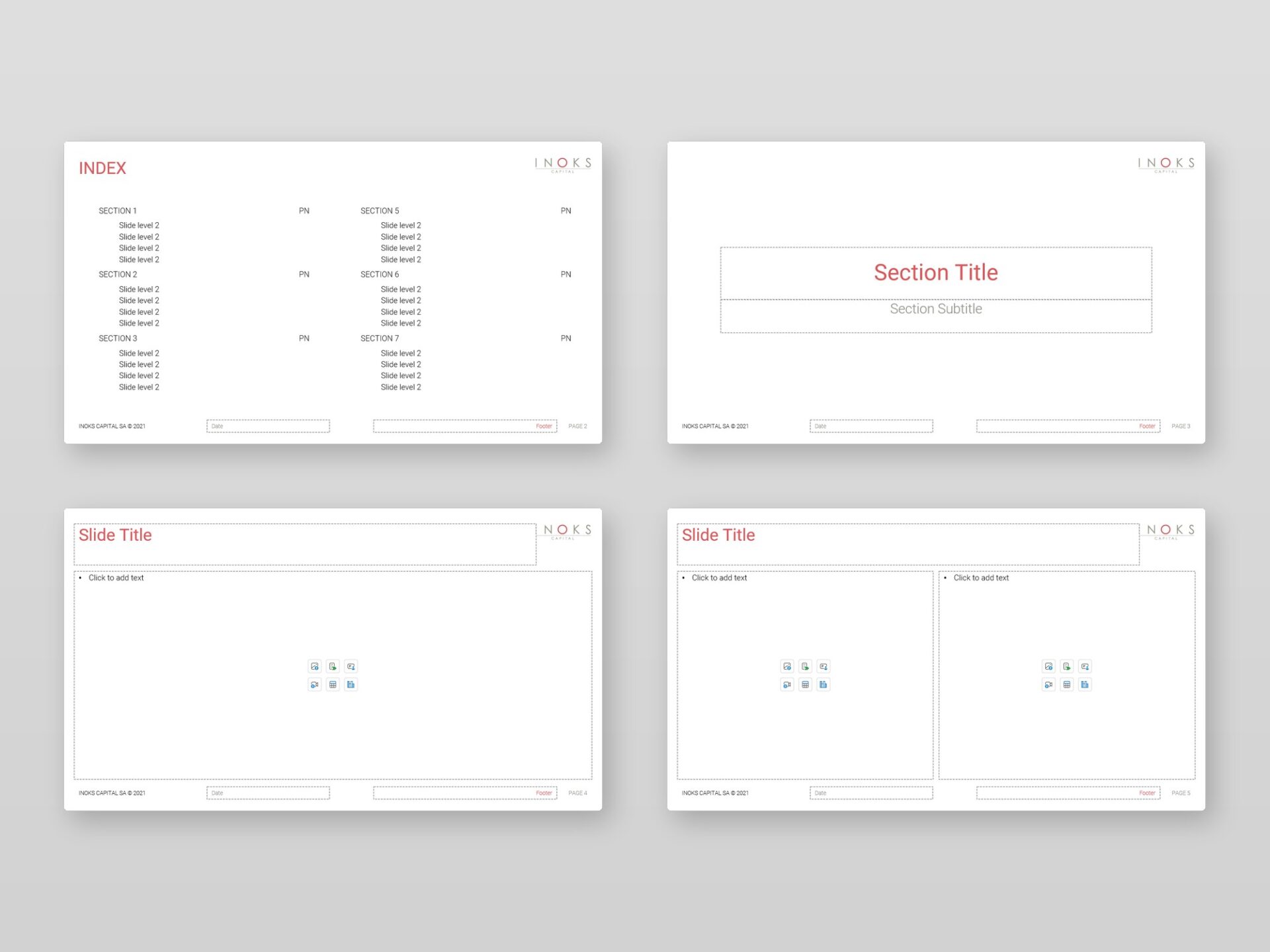 Four core layouts – index, section header, title-and-content, and two-content – with live placeholders