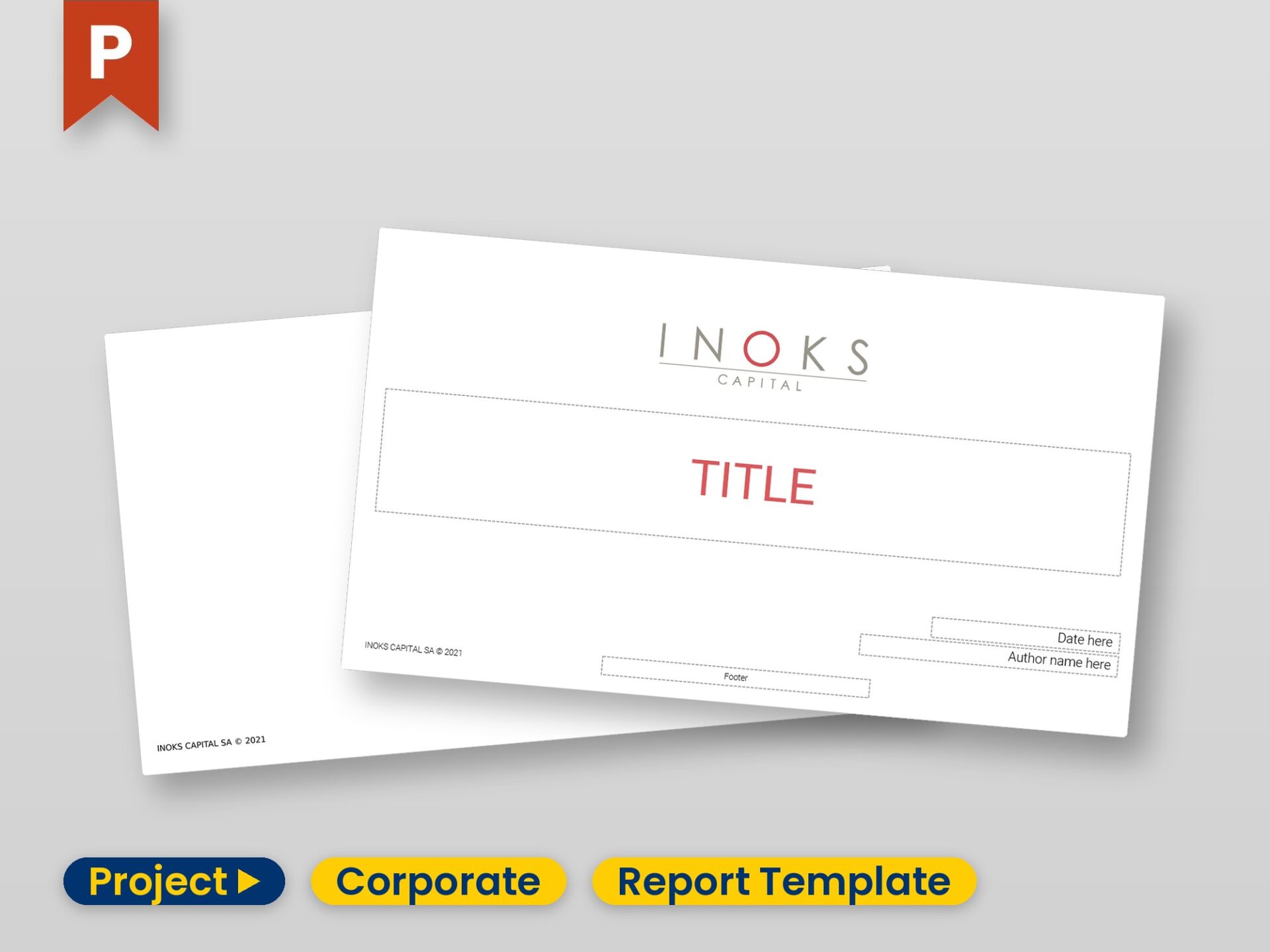 Title layout of the INOKS report template with live placeholders, over a slide from the finished template