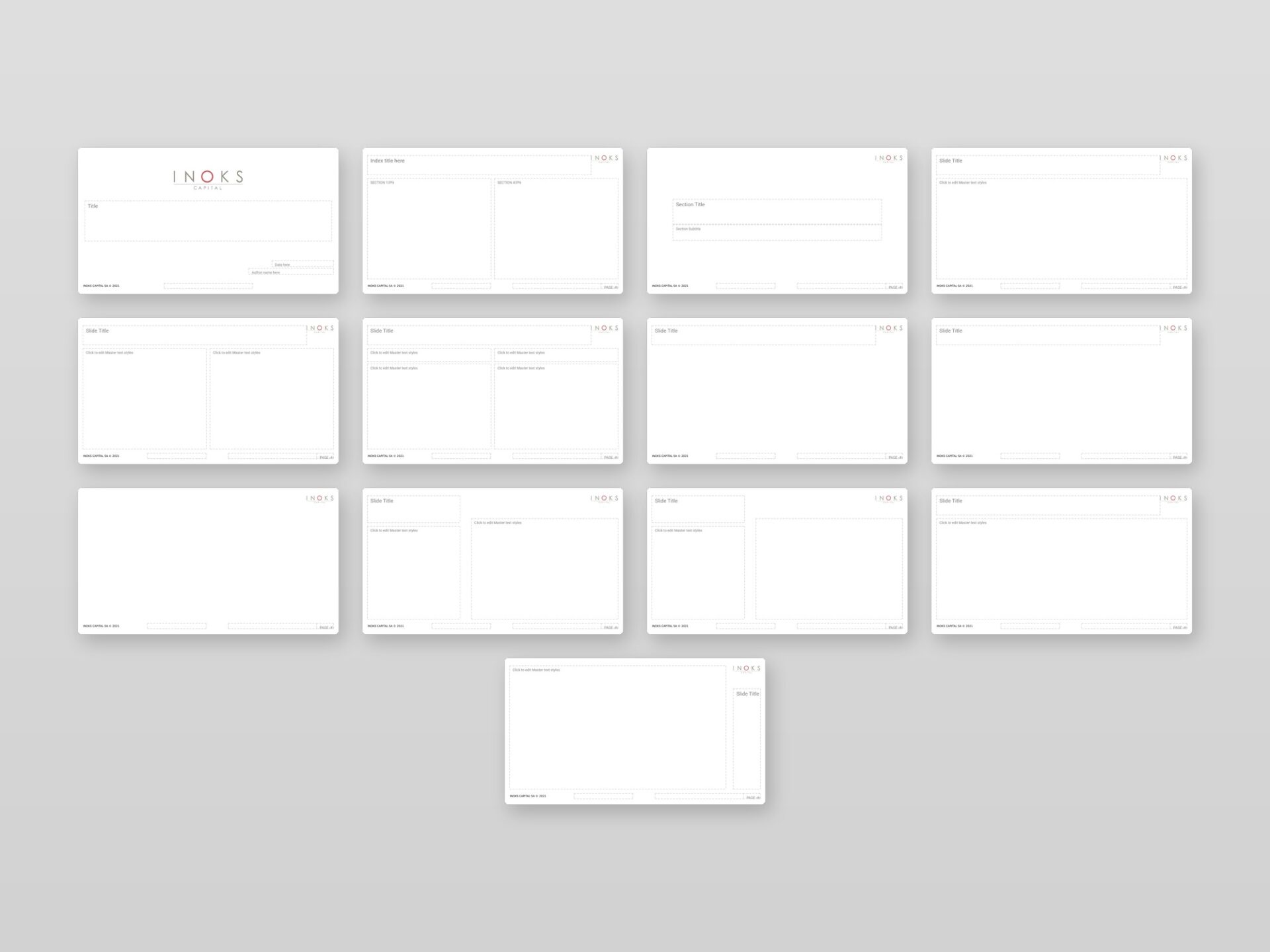 All 13 layouts of the template at a glance – the full framework behind every INOKS report