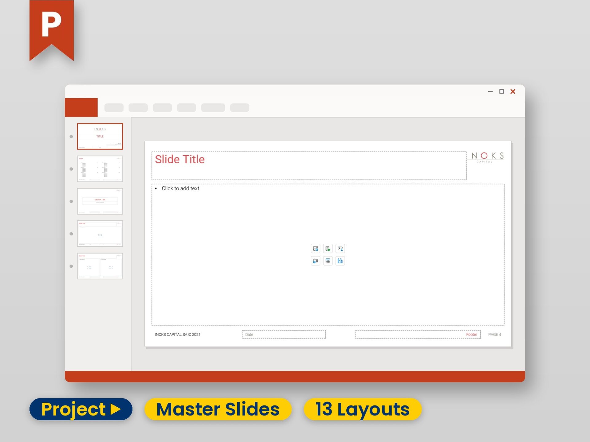 The template's master slides in PowerPoint – layout thumbnails on the left, a live layout on the canvas