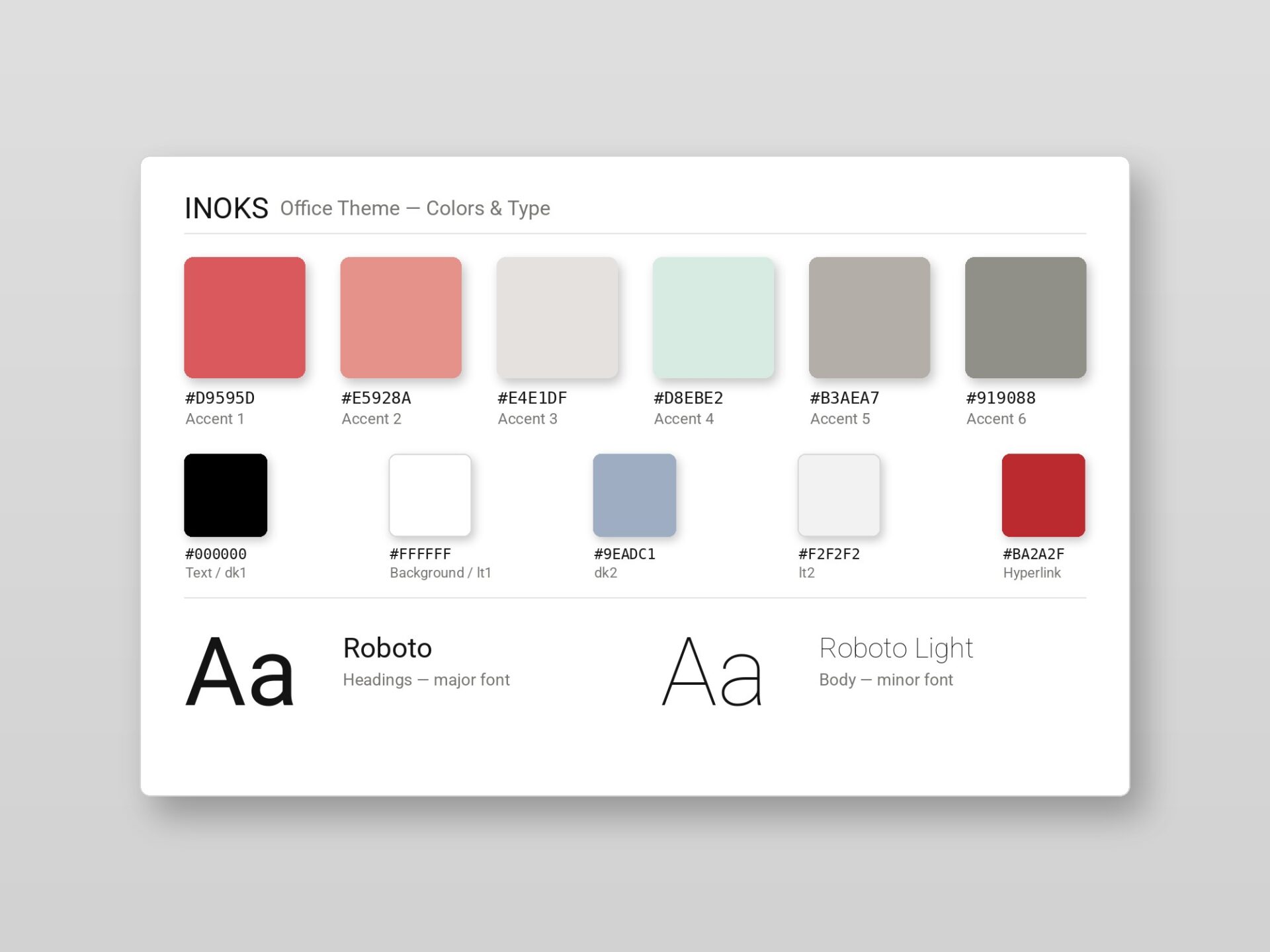 The INOKS Office theme – brand color palette with hex values and the Roboto type pair