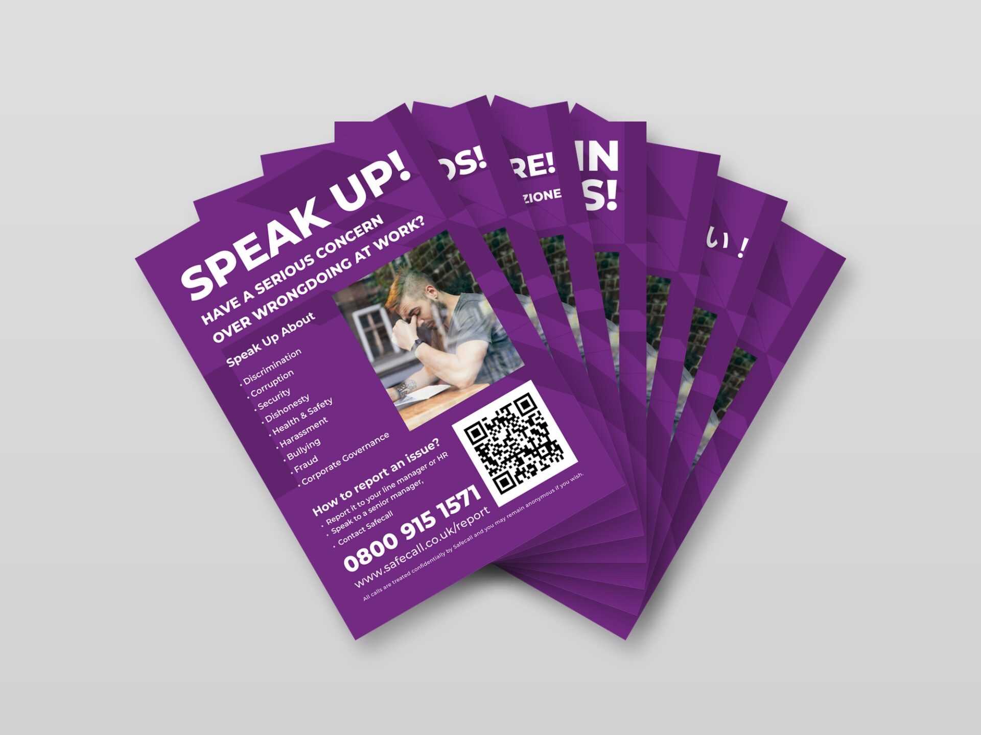All seven localized versions of the flyer, print-ready and visually matching the English source