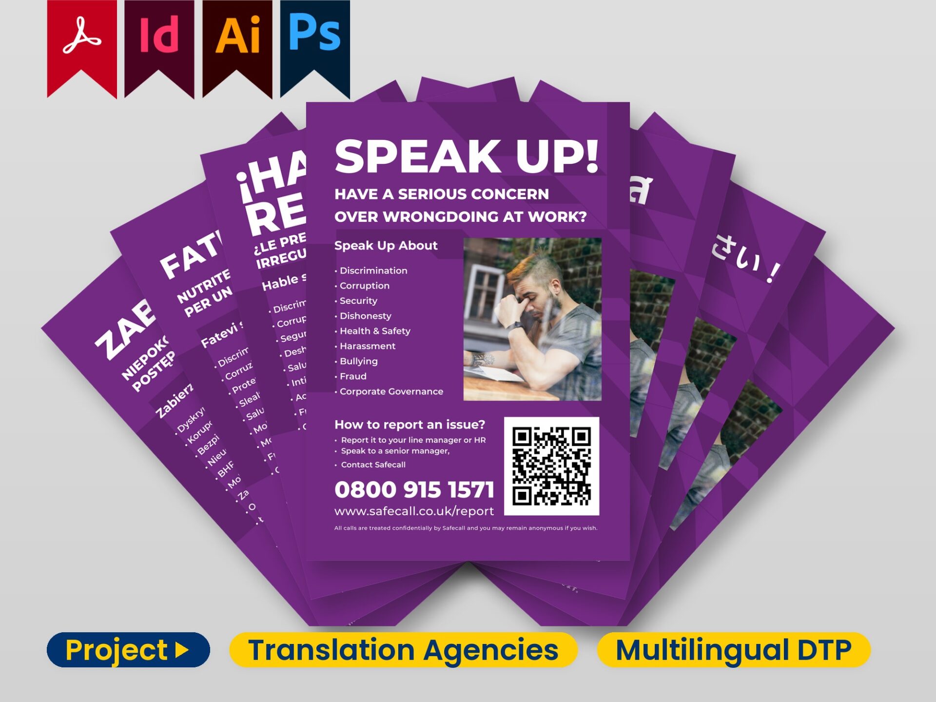 The same document localized across languages, each version mirroring the source design in InDesign