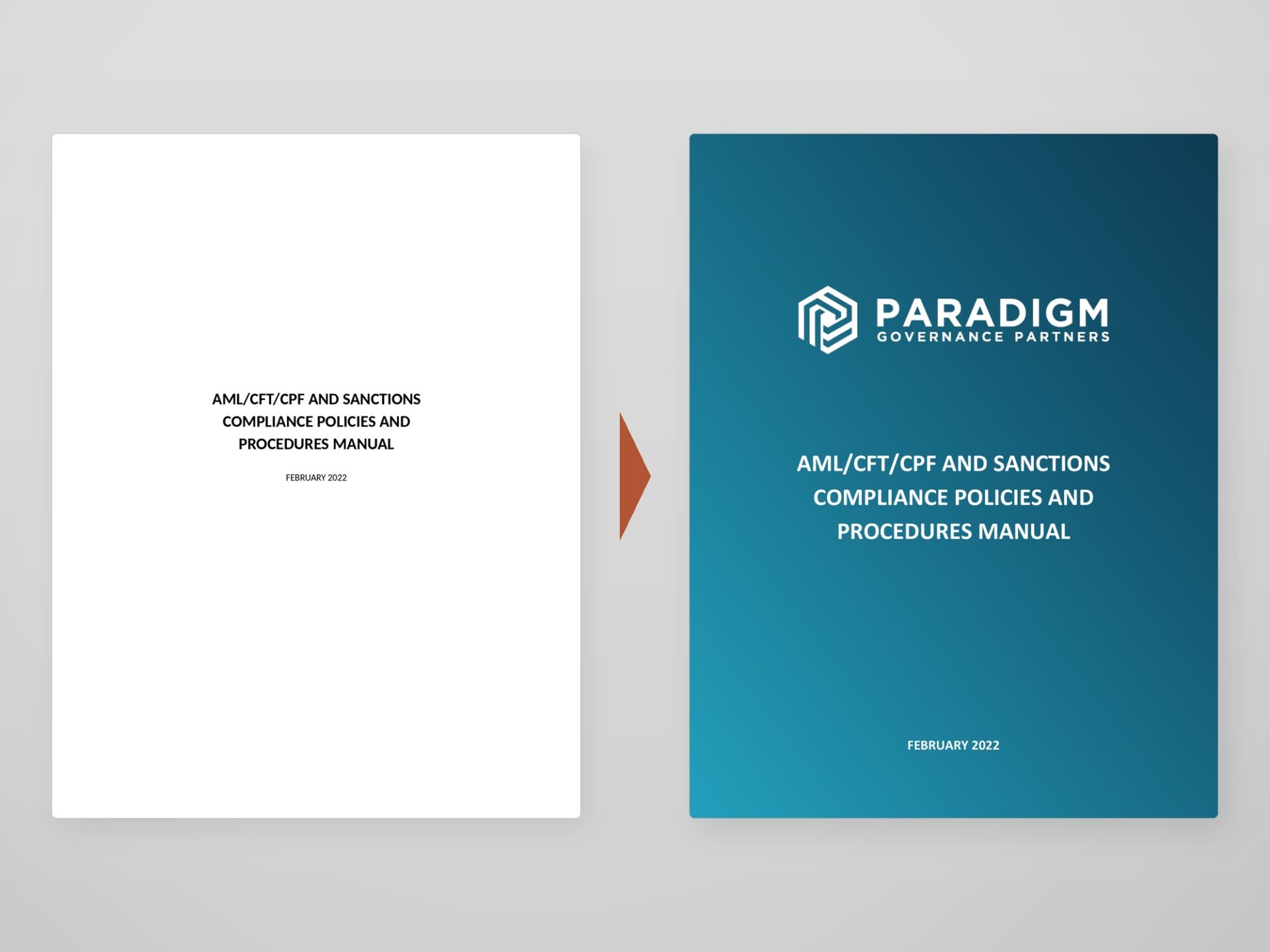 A plain typed title page beside a designed, branded document cover