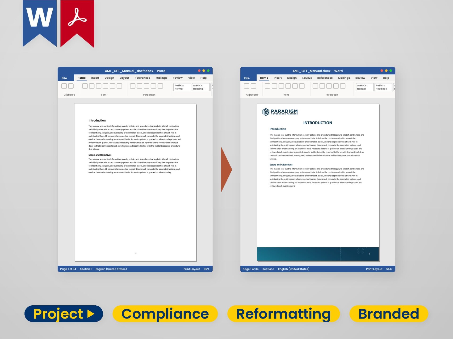 A plain draft document beside its reformatted, on-brand version – both open in Microsoft Word