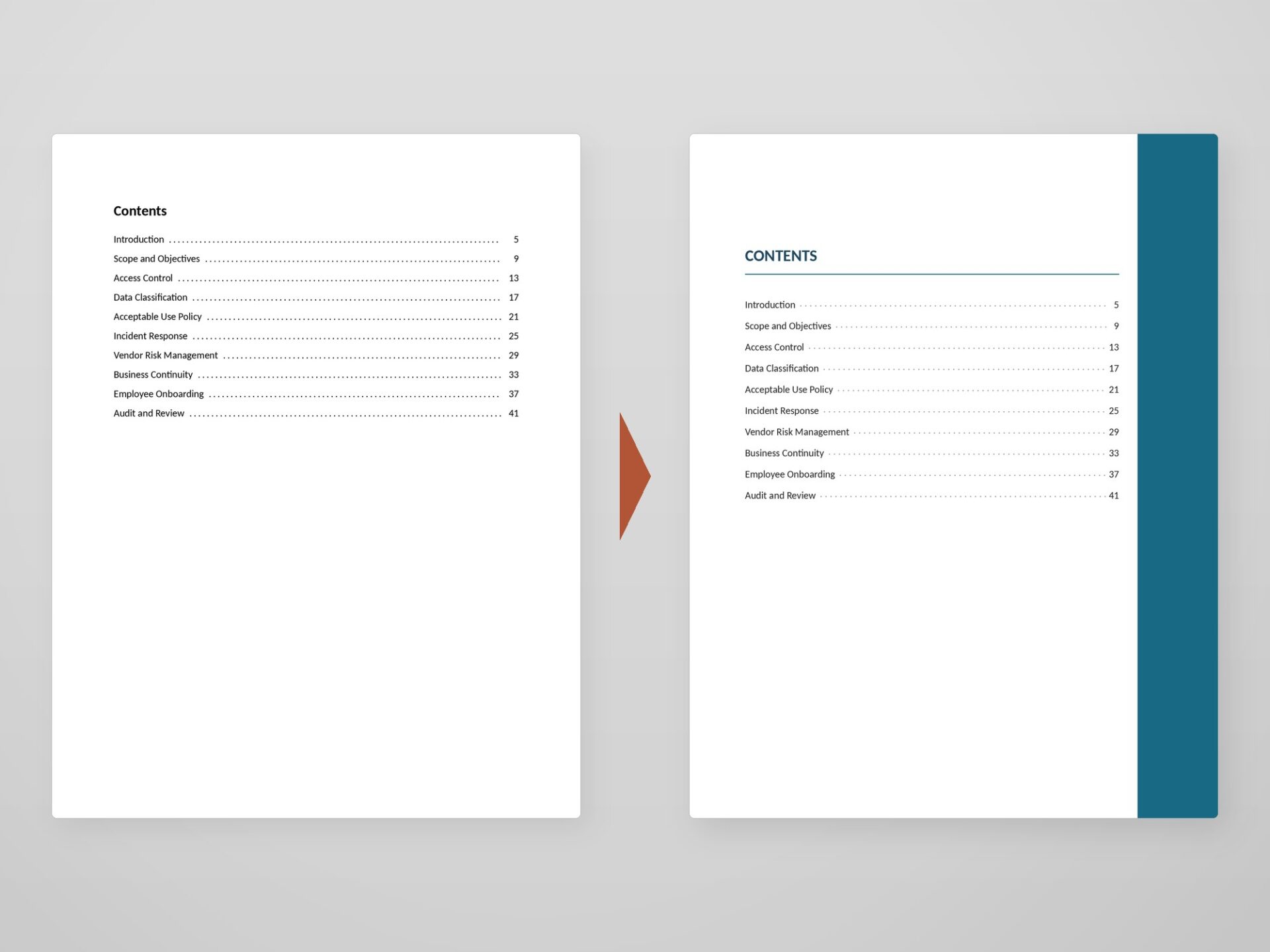 A plain typed contents list beside an automatic, branded table of contents