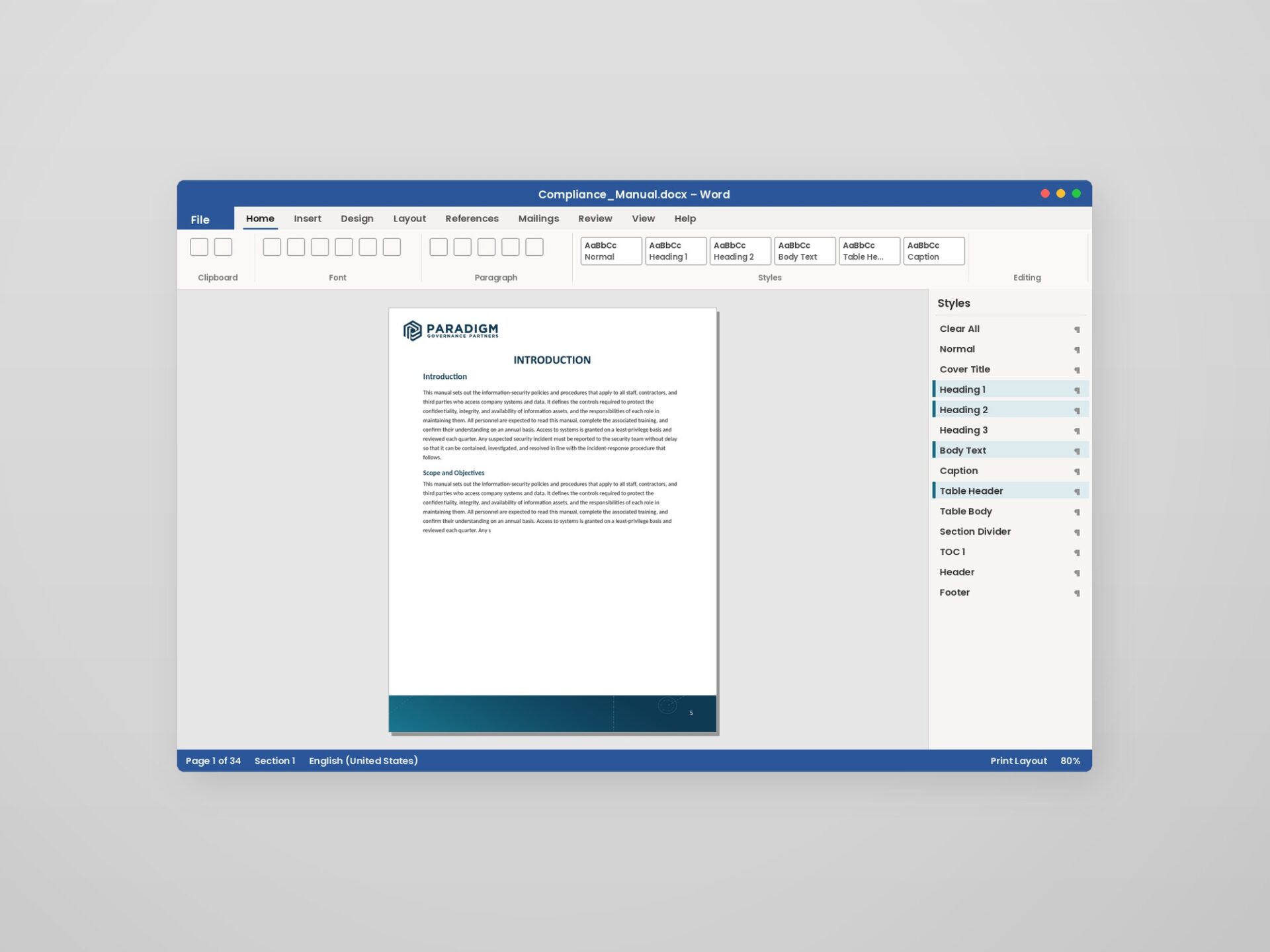 A reformatted page beside the Word Styles pane that drives its consistent formatting