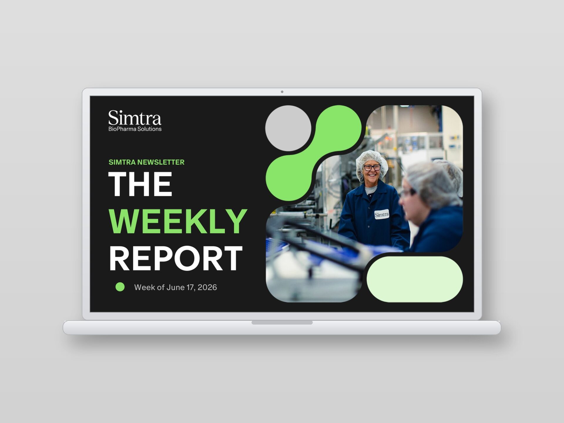 Newsletter cover shown at full detail – clean typography and pixel-aligned photo grid at 100% zoom