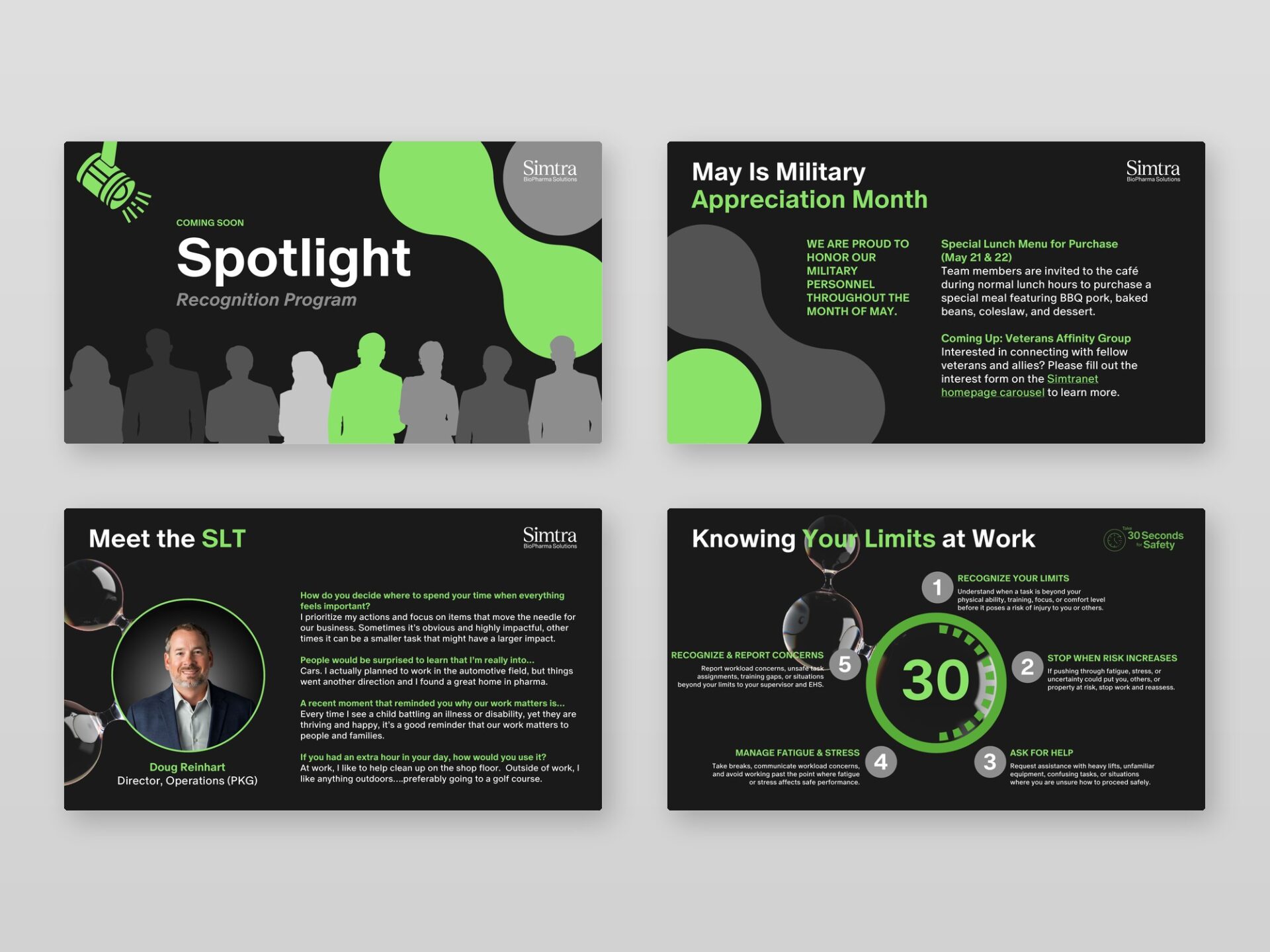 Editorial and infographic layouts, from recognition spotlights to safety visuals