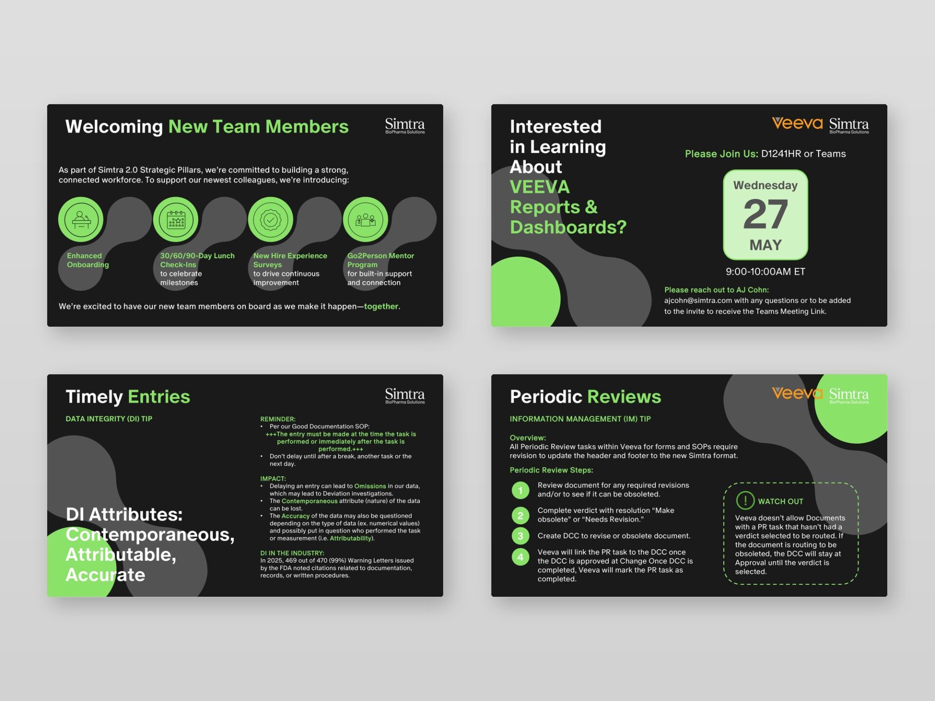 Information-dense pages: onboarding cards, process steps, and anniversary lists