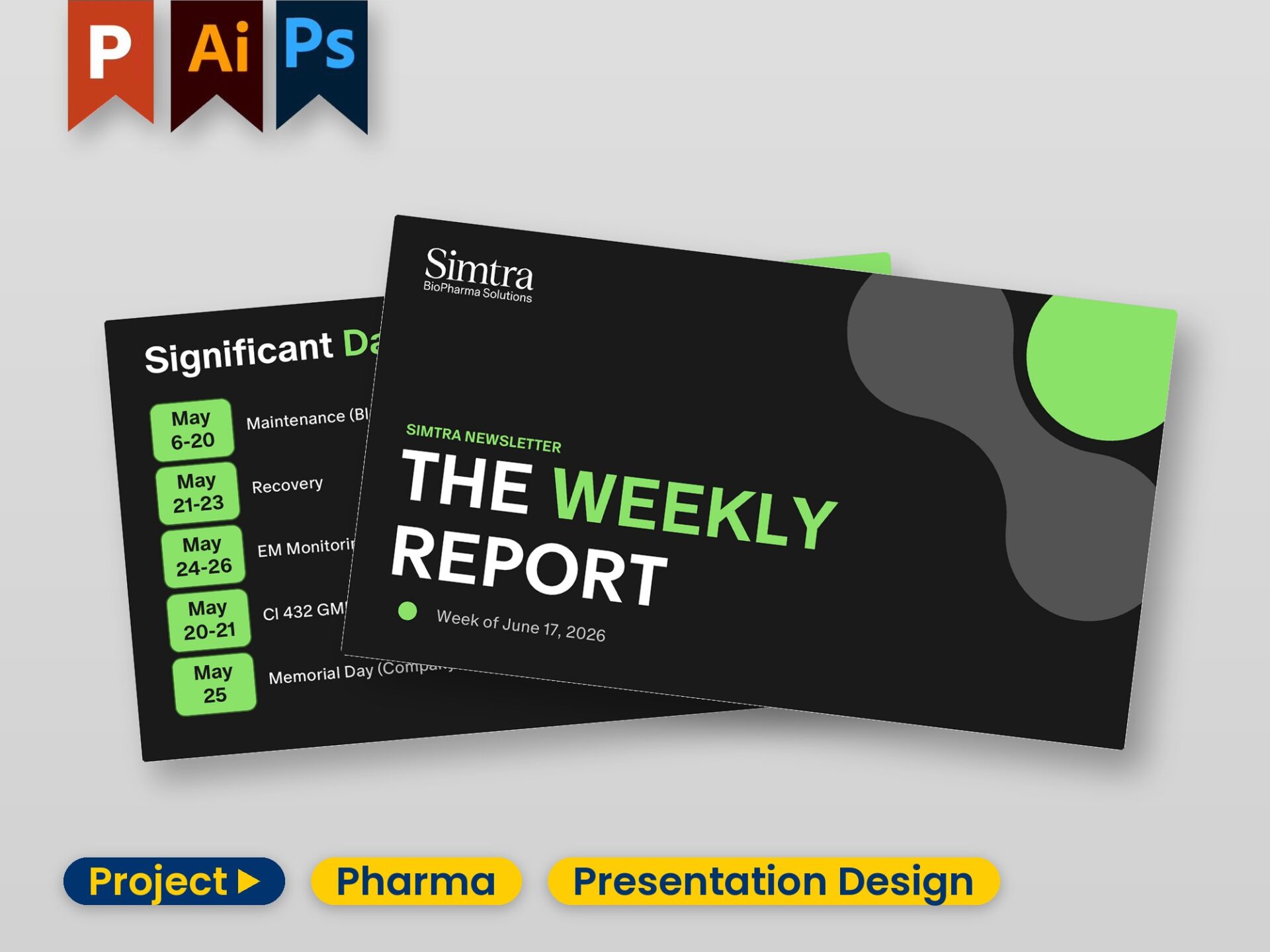 Title slide and event-calendar spread from the branded 30-slide Simtra newsletter, built in native PowerPoint