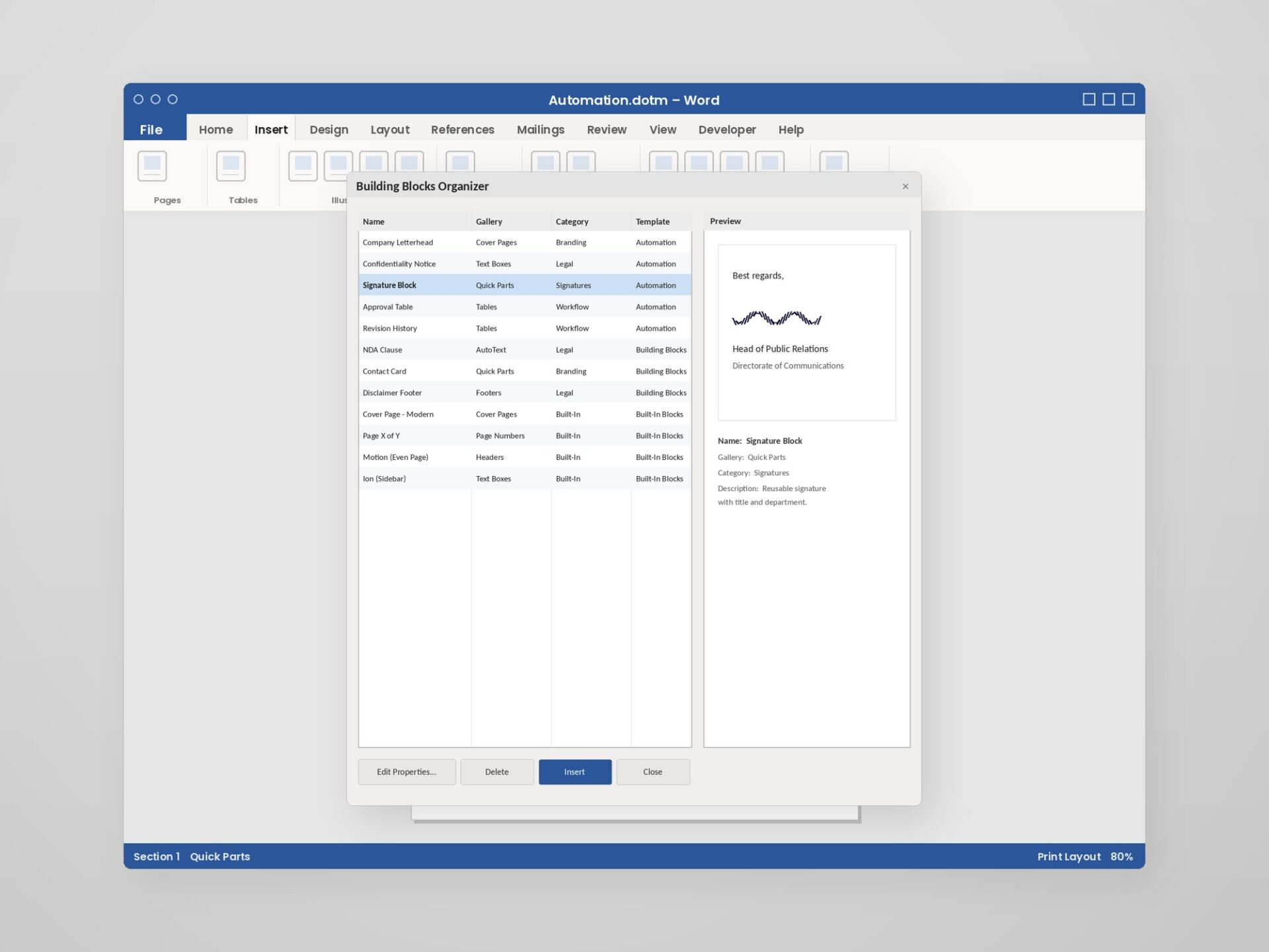 Word Automation – Reusable Building Blocks Library The Word Building Blocks Organizer with a library of reusable document parts