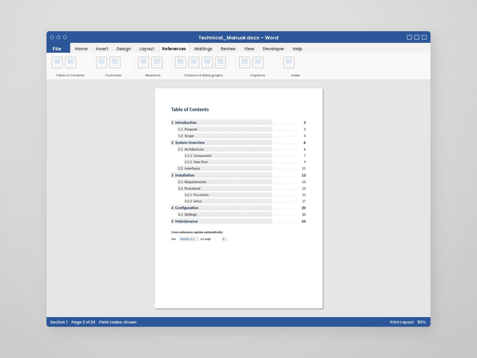 Word Automation – Self-Updating TOC and References A multi-level automatic table of contents with field codes and cross-references in Word