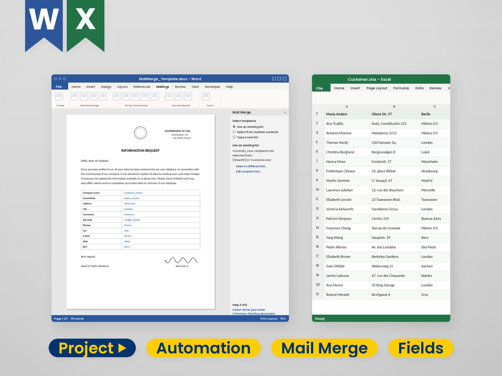 Word Automation – Merge Fields to Finished Letters A letter template with merge fields beside the same letter filled with real data
