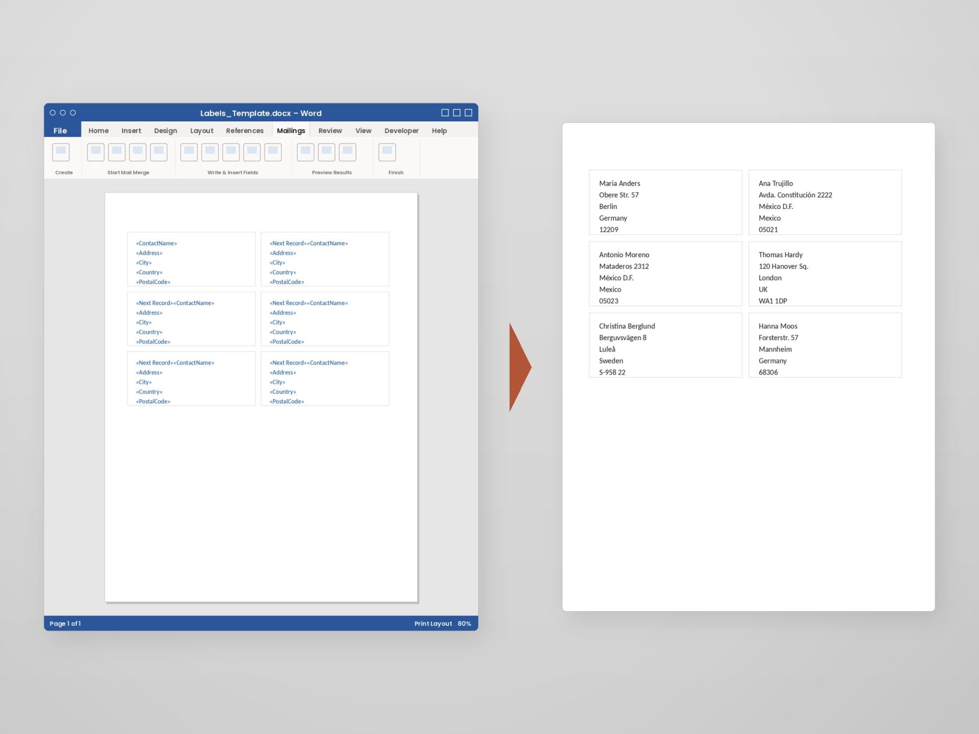 Word Automation – Labels From the Same List A label sheet template with Next Record fields beside the finished merged labels