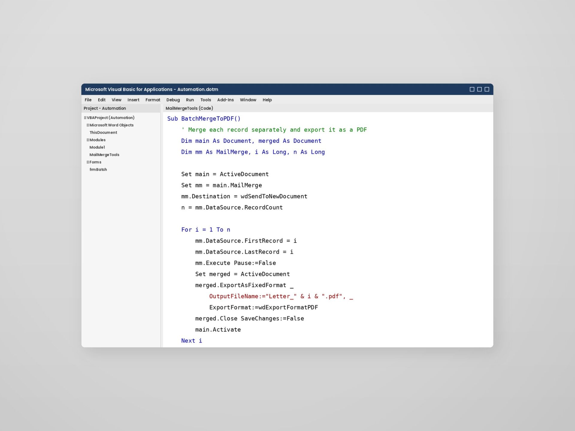 Word Automation – Batch Merge-to-PDF Macro in VBA The Visual Basic editor in Word shows a working batch merge-to-PDF macro