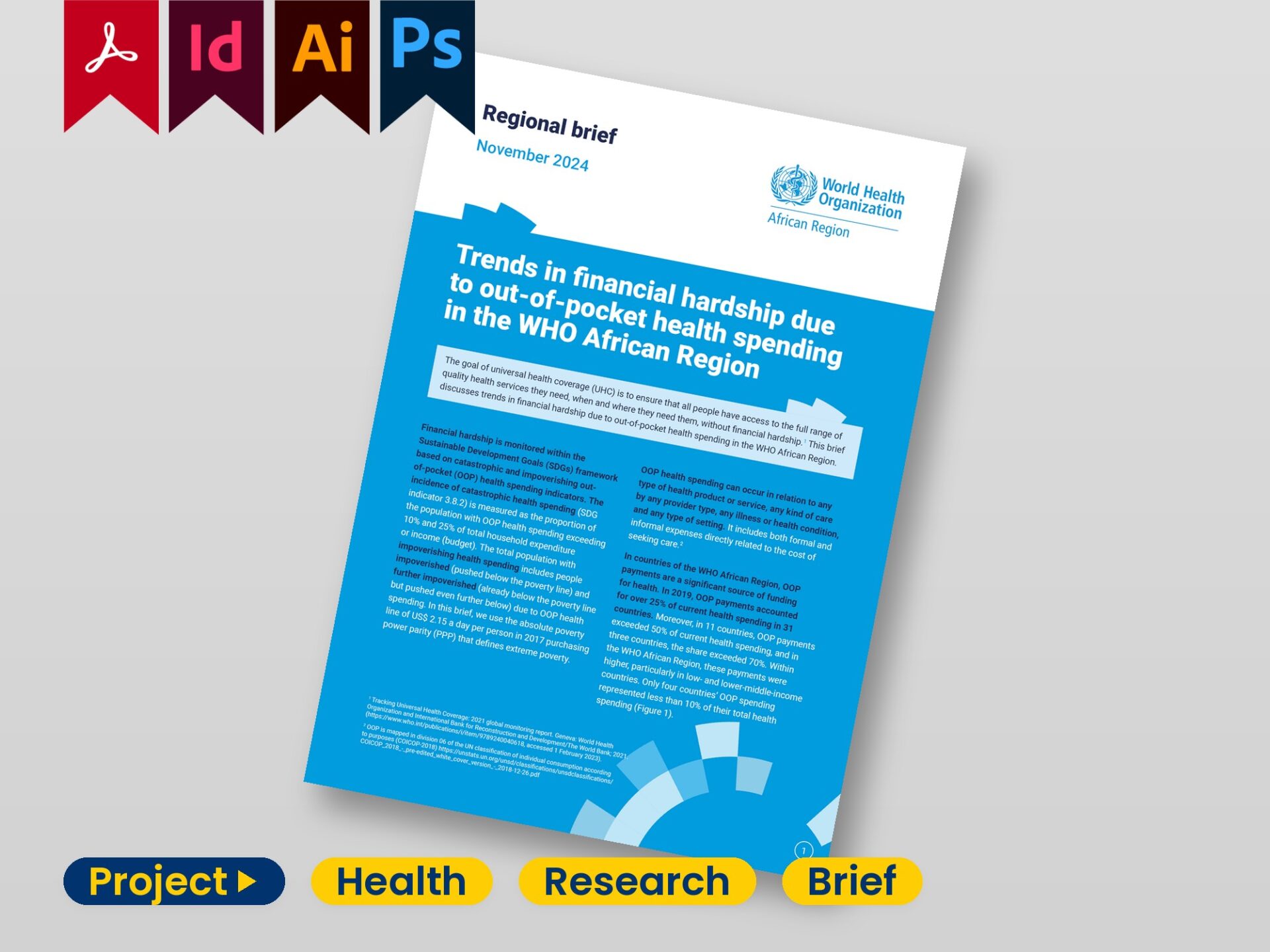 WHO Country Brief – Cover Design in InDesign Cover of a WHO country brief – on-brand title layout built in InDesign from a raw Word file