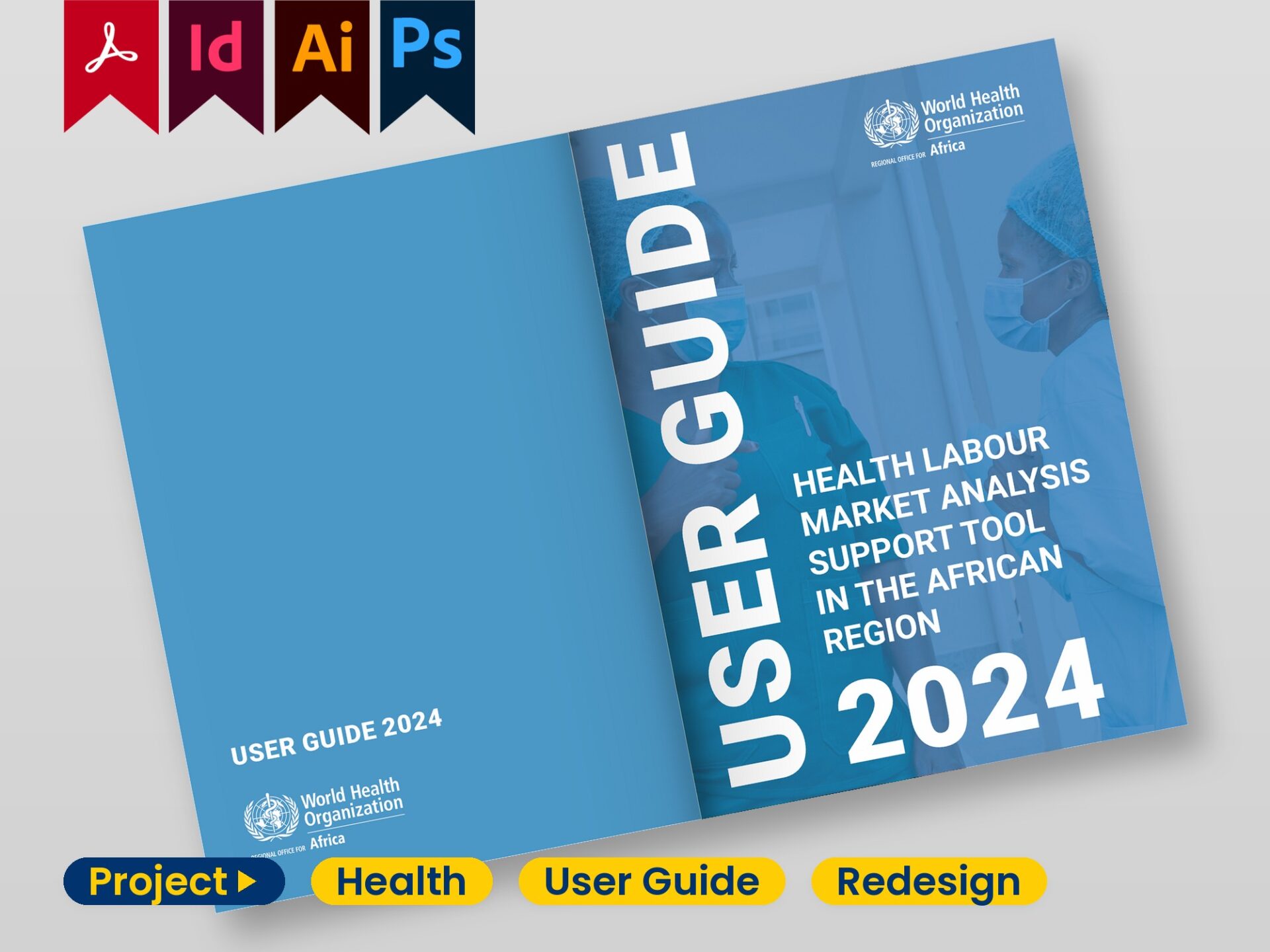Cover spread of the redesigned WHO HLMA tool user guide, migrated from Word to InDesign