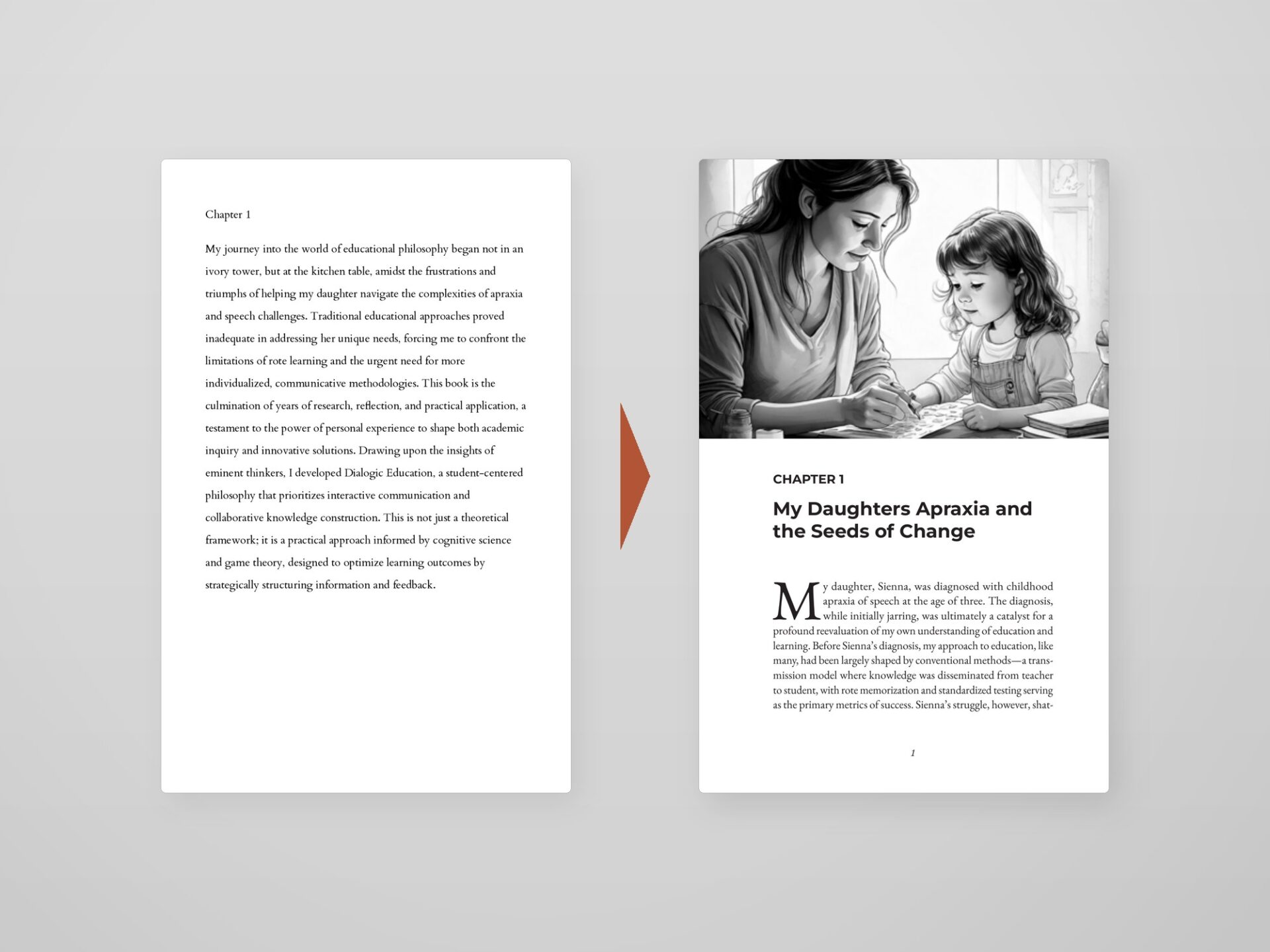 Book Formatting in Word – Draft to Formatted Page Plain typed manuscript beside the same text formatted into a styled Word book page