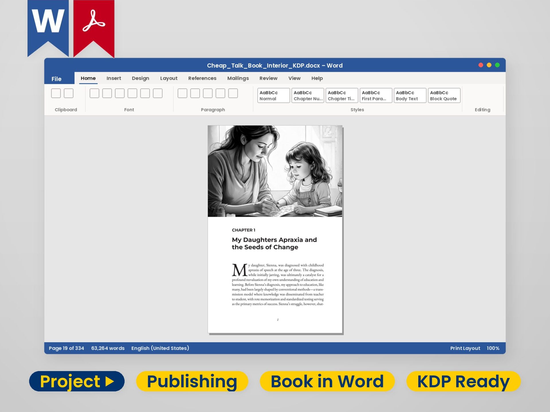 Book Formatting in Word – Chapter Opener at Trim Size A book chapter opener formatted inside Microsoft Word, shown in the Word window at print trim size