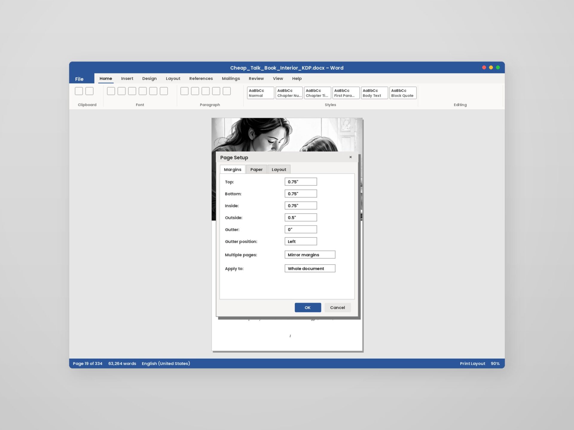 Book Formatting in Word – Print Page Setup The Word Page Setup dialog showing mirror margins and gutter set for a print trim size