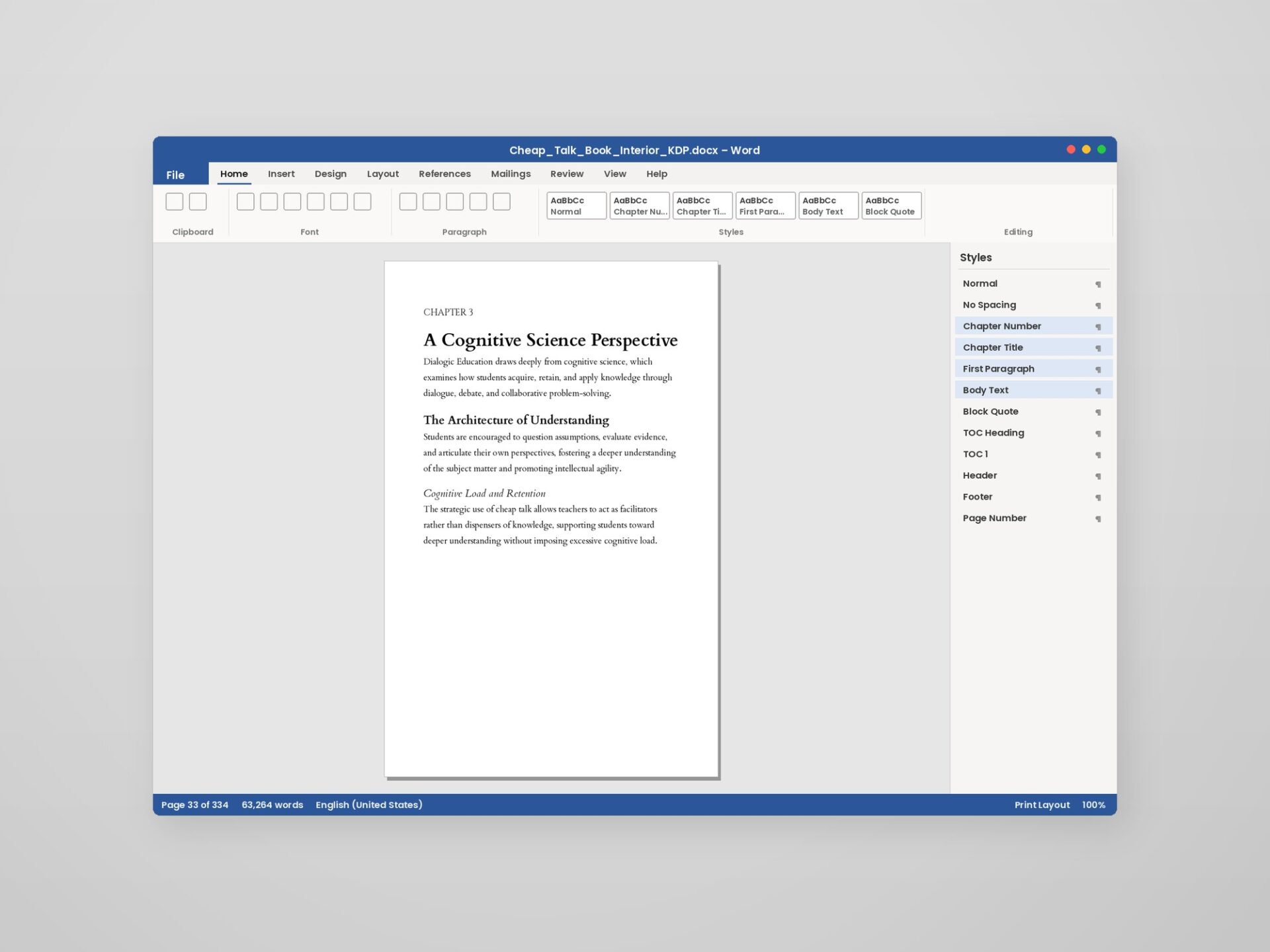 Book Formatting in Word – Style System in the Styles Pane A Word book page with three heading levels, next to the open Styles pane driving them