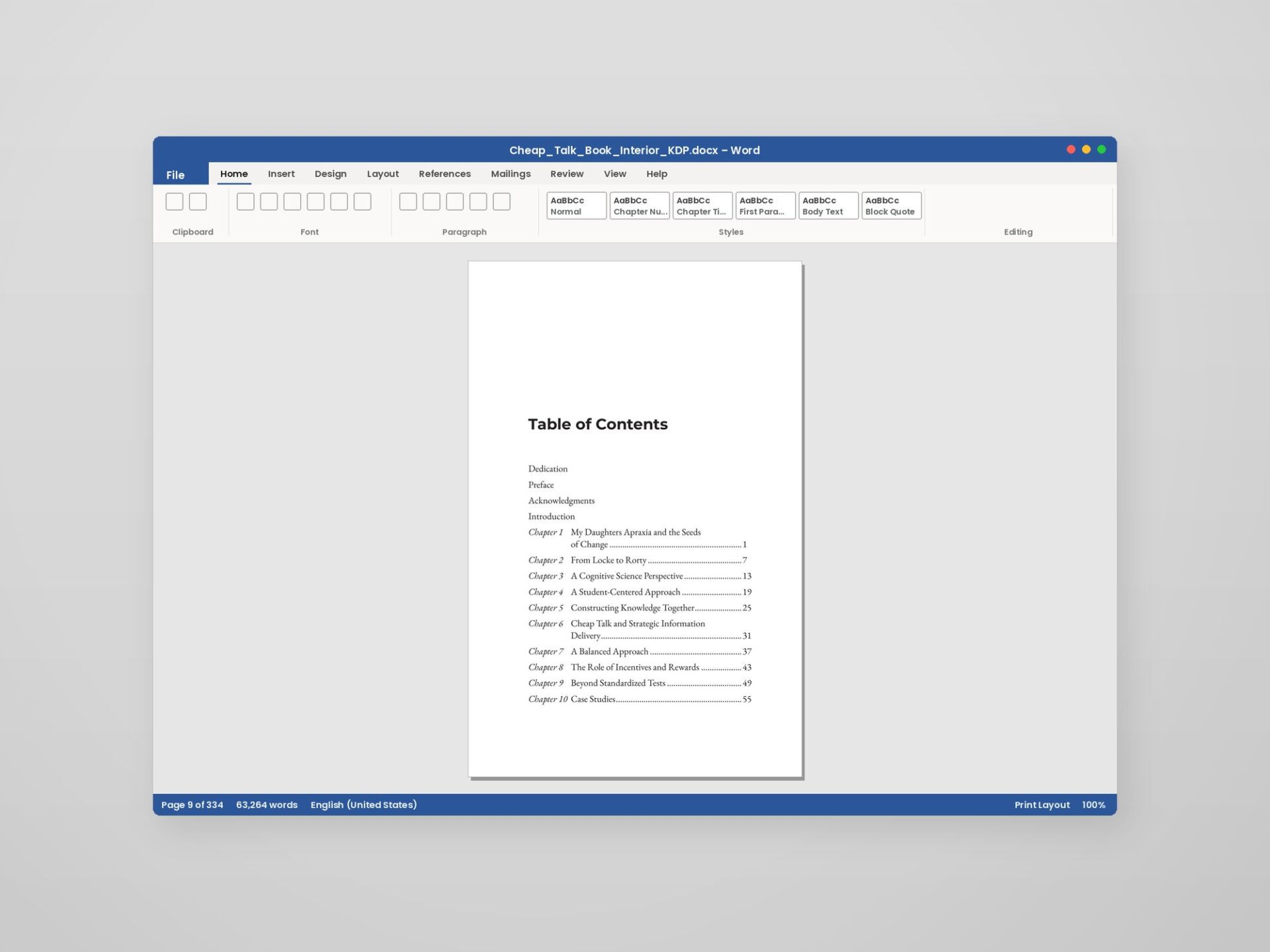 Book Formatting in Word – Automatic Table of Contents An automatic, updatable table of contents generated from the book's Word heading styles
