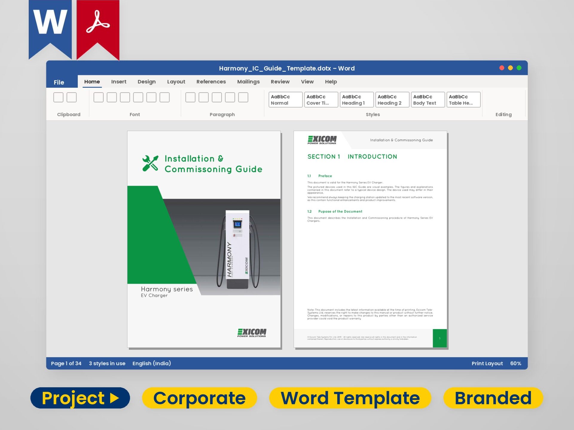 A branded corporate manual template open in Microsoft Word – cover page and a styled section page