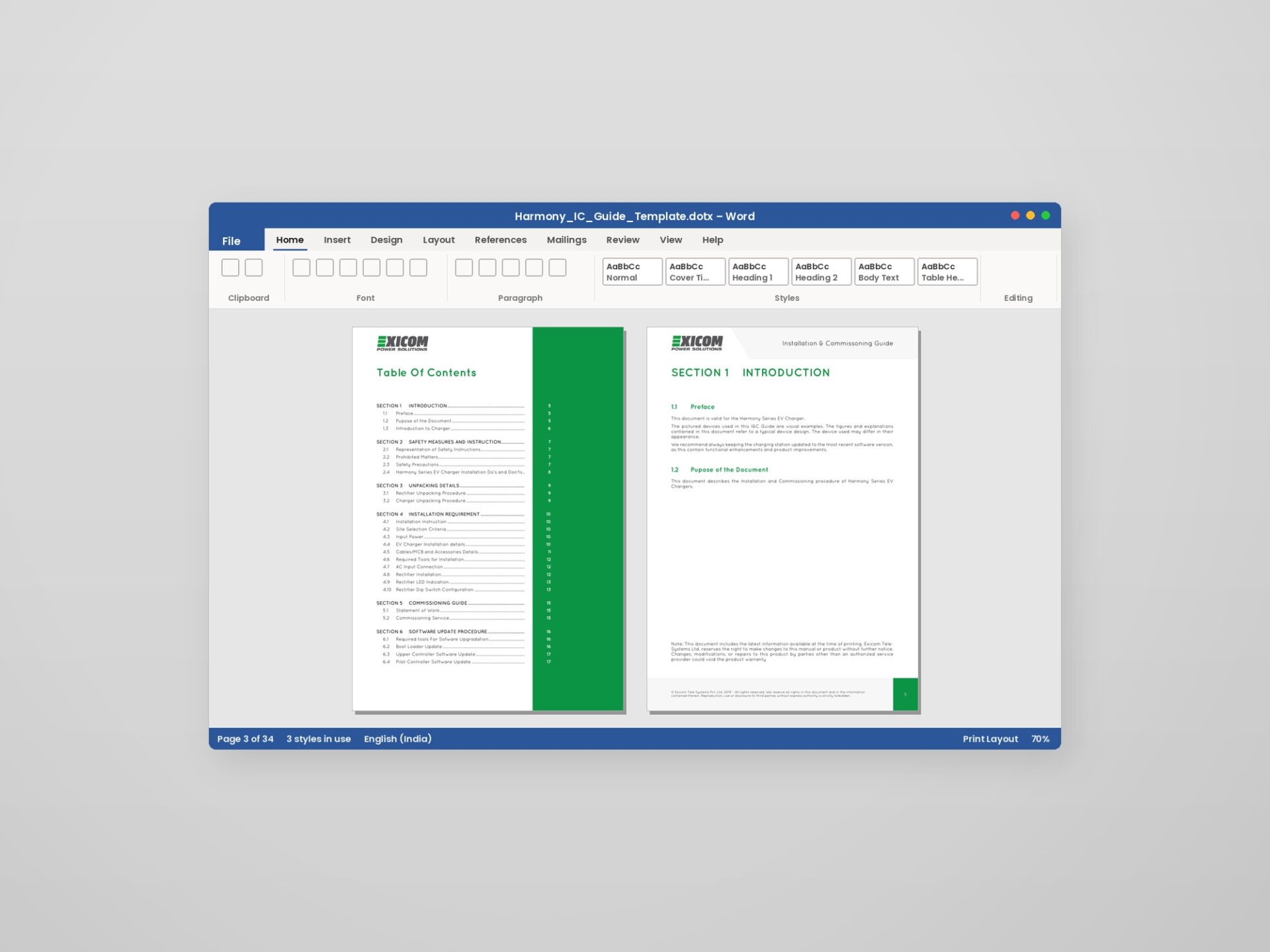 A branded section divider page beside an automatic, styled table of contents