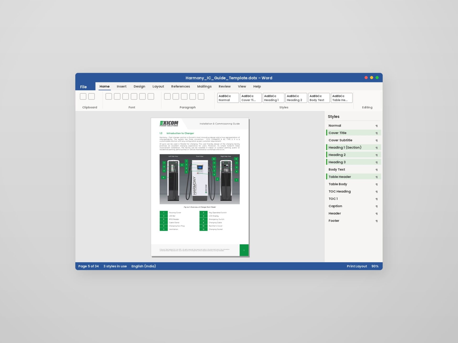 A styled template page with three heading levels, next to the open Styles pane driving them